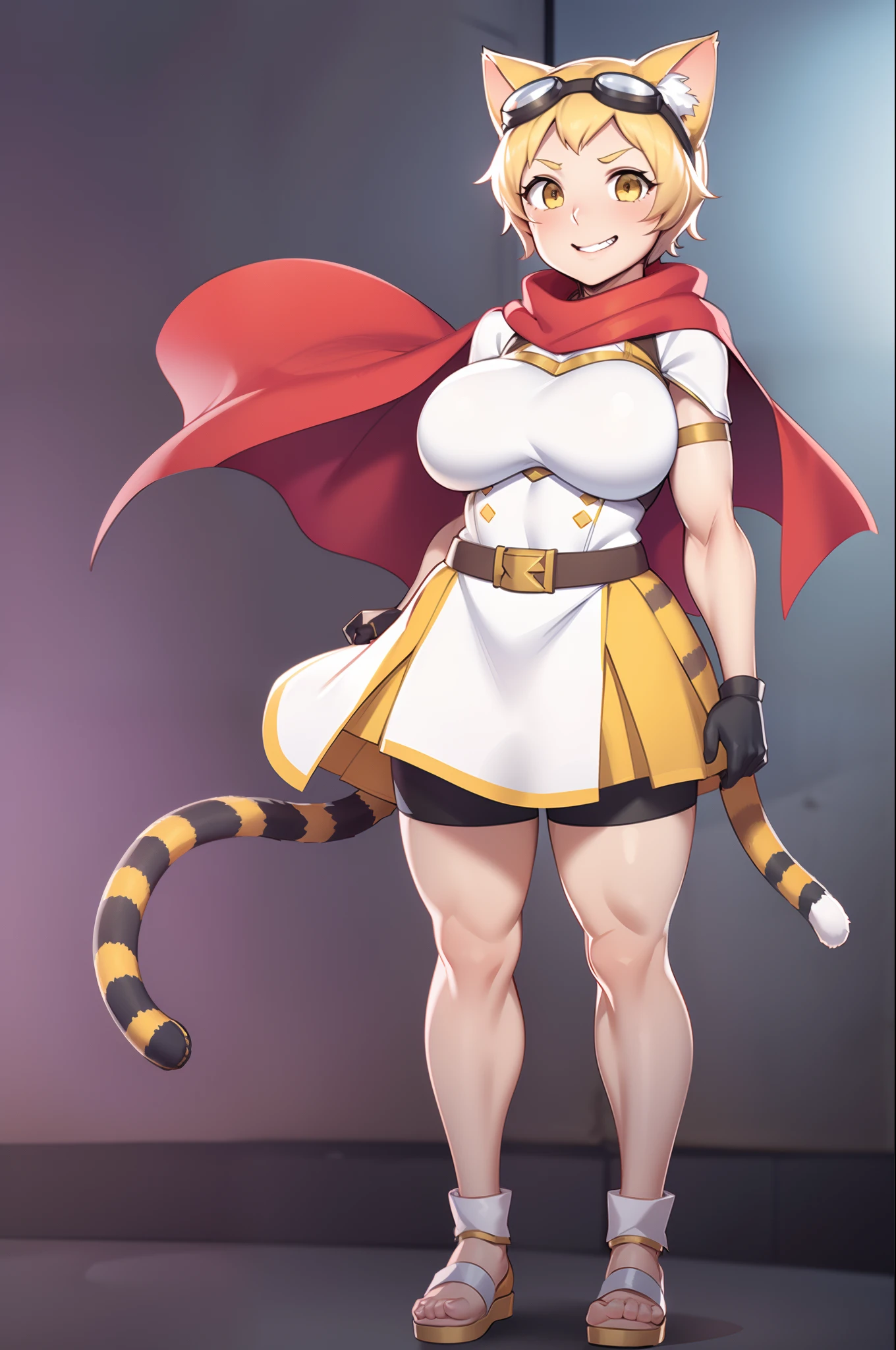 1girl, iron breastplate, short sleeves, white dress skirt, red cape, black leggings, cat ear hat, goggles, blond hair, short hair, yellow belt, tail growing teru, young girl, cute smile, high quality,huge breast, curvy, flipflops, full body