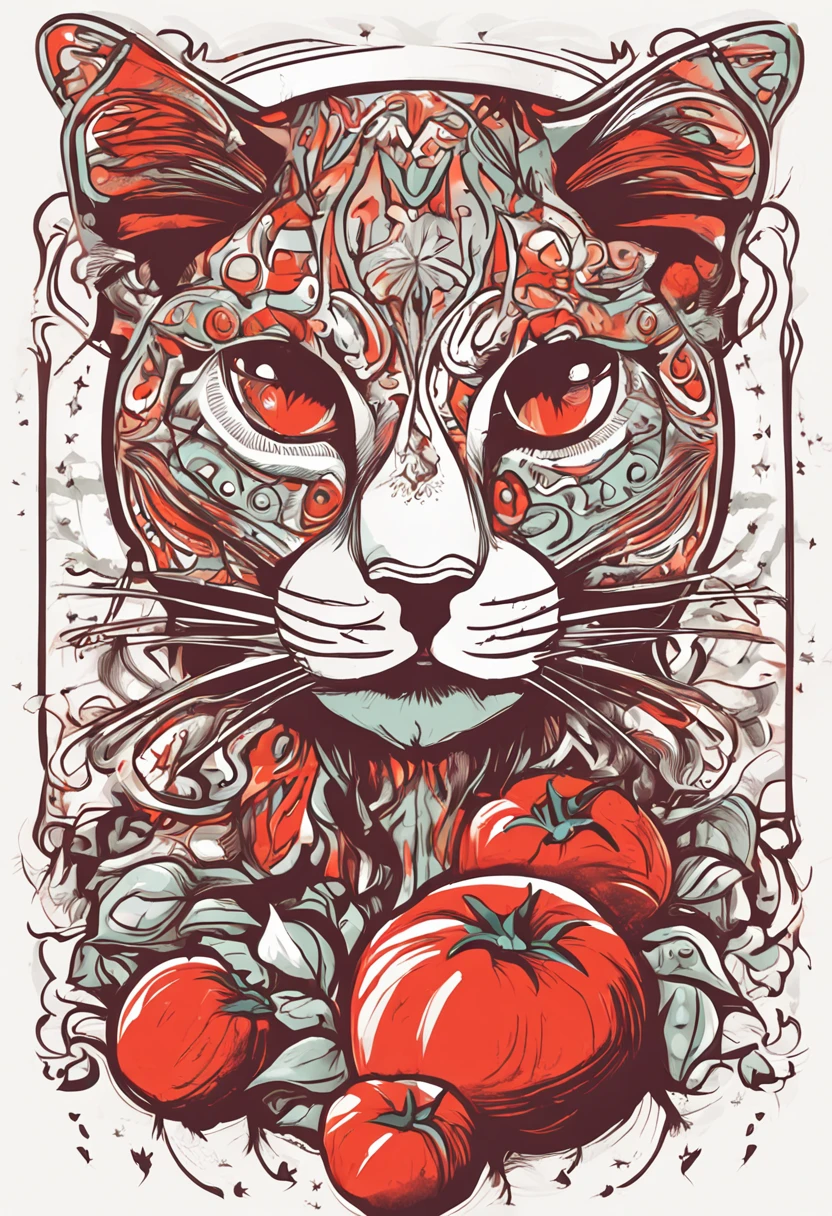 circular design, logo art, (red cat design with tomato),(on the table), fantasy, colorful, vintage,  charming: white background, lowbrow art, digital illustration, radiant; gouache, 16k, minimalistic, doodle, CGSociety, solarpunk, crispy quality, sharp, bright, volumetric lighting, intricate, ample negative white space, as a logo,