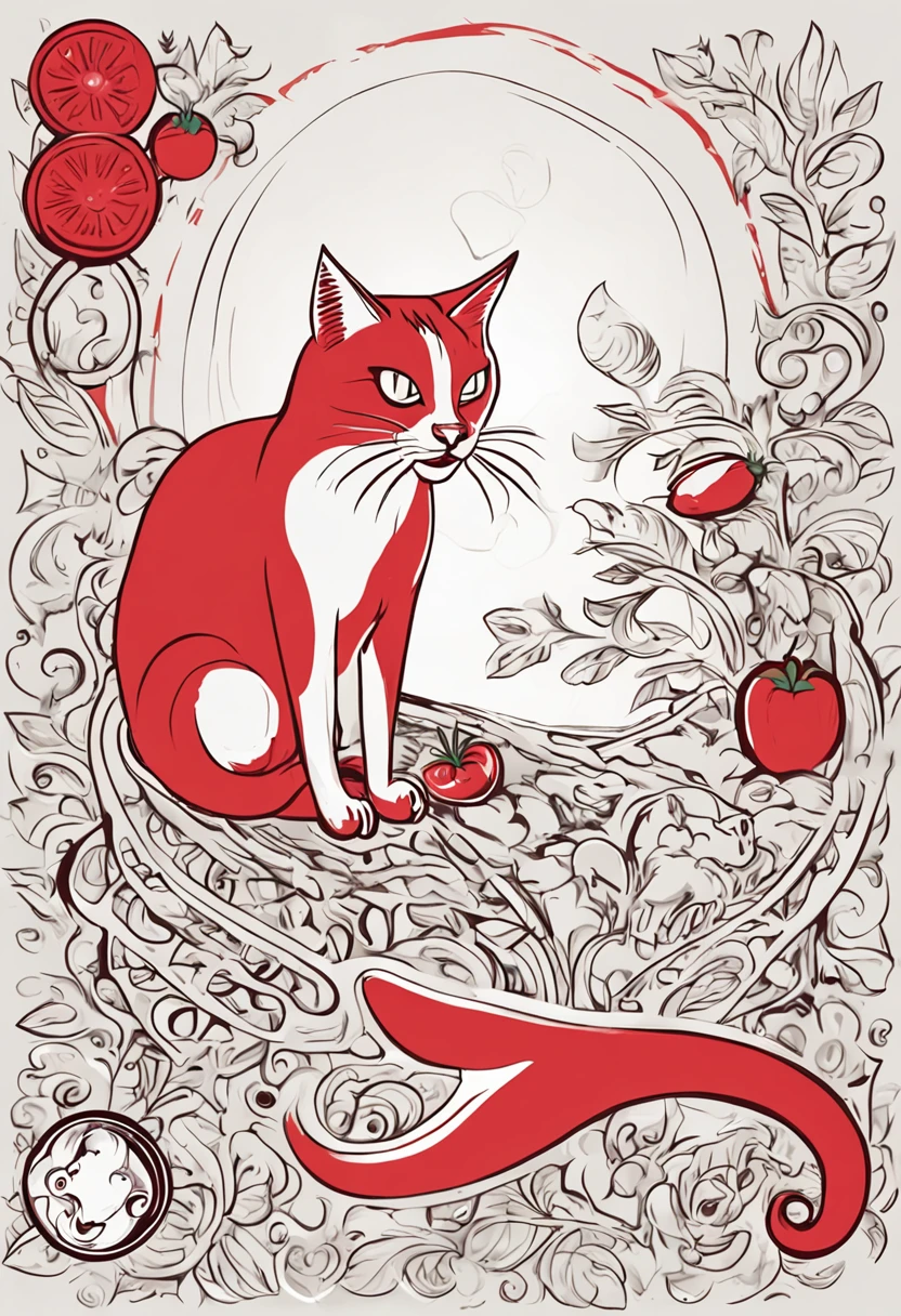 circular design, logo art, (red cat design with tomato),(on the table), fantasy, colorful, vintage,  charming: white background, lowbrow art, digital illustration, radiant; gouache, 16k, minimalistic, doodle, CGSociety, solarpunk, crispy quality, sharp, bright, volumetric lighting, intricate, ample negative white space, as a logo,