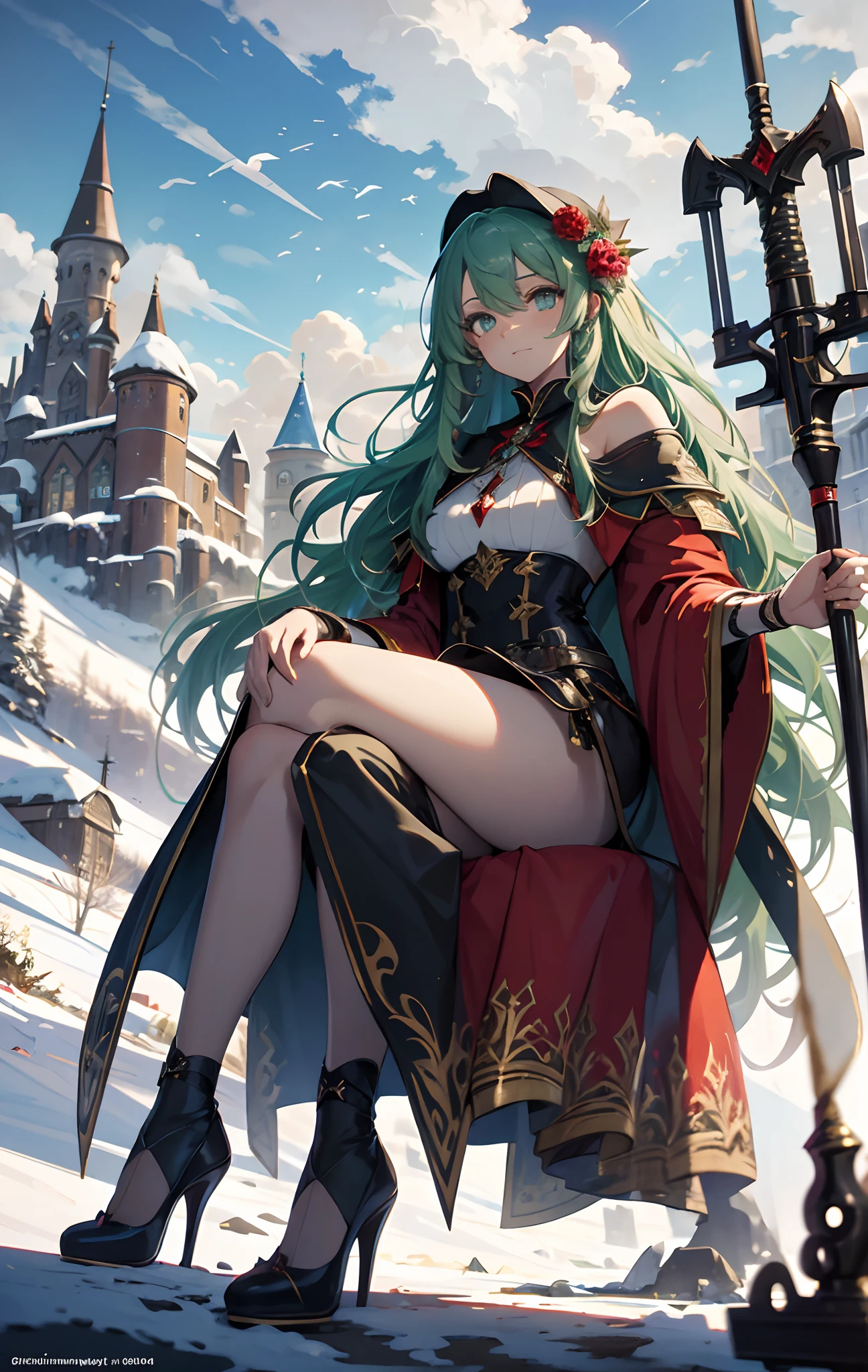best qualityer，tmasterpiece，Ultimate resolution，downy，Extremely colorful，Colorful，Alpine background，Sky flight，（Red magic robe long dress），Long flowing green hair，The Witch，a matural female，（red high heel pumps），Sit on a magical broom，flight，Normal posture