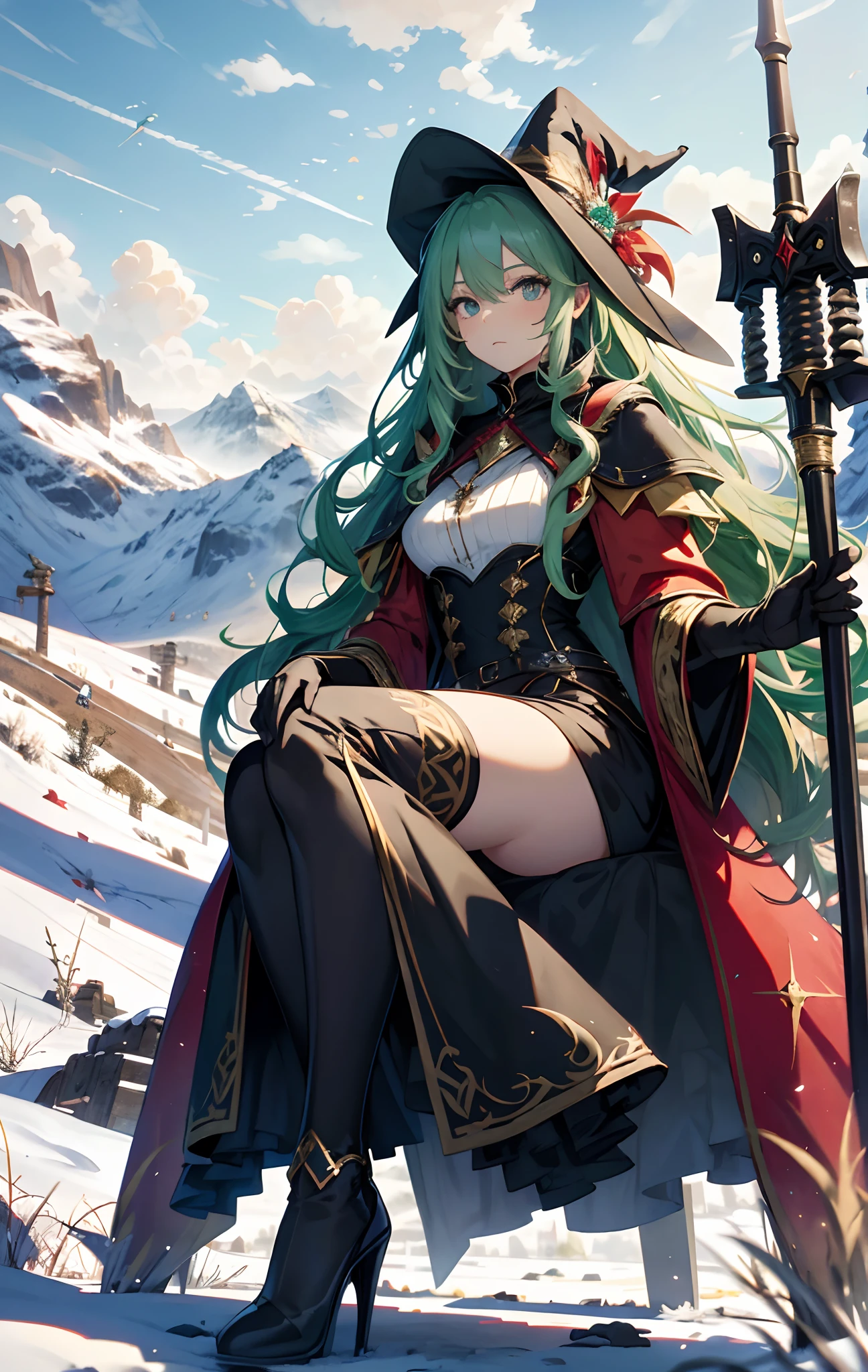 best qualityer,tmasterpiece,Ultimate resolution,downy,Extremely colorful,Colorful,Alpine background,Sky flight,(Red magic robe long dress),Long flowing green hair,The Witch,a matural female,(red high heel pumps),Sit on a magical broom,flight,Normal posture