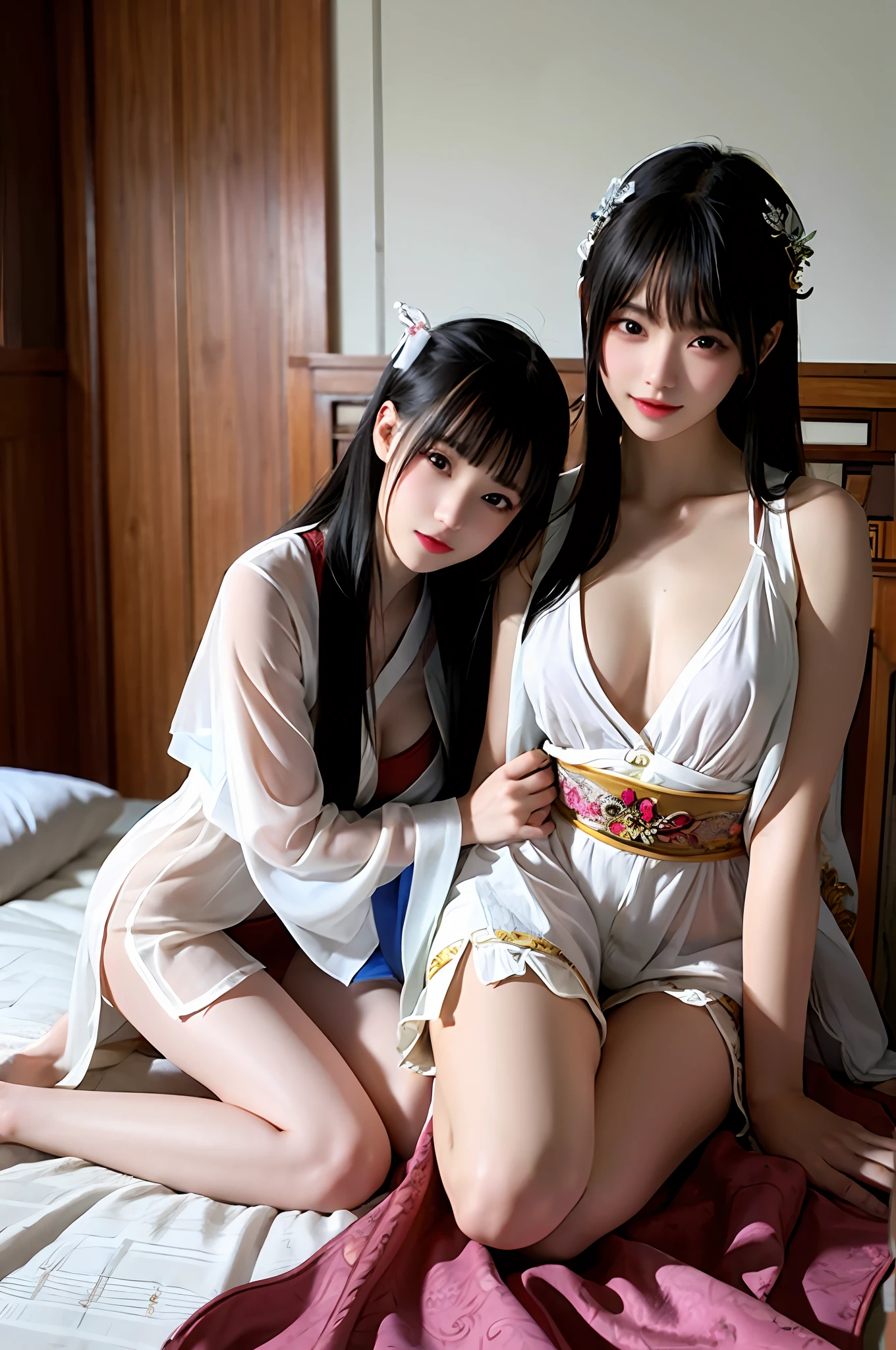 Multiple beauties touching each other, (Transparent shirt: 1.2), (Open shirt), Light clothes, Sleeveless, Two women posing on bed for a photo, Surreal full-body figure, Beautiful and detailed body and face, gorgeous figure, pony tails, Clear, Smile, Moaning, Tease, Surreal full body body, Beautiful and detailed body and face, Extra-long viewing angle, Fair skin, Bright colors, Asian, There is almost nothing in the clothes, Blurry, Chinese clothing underwear