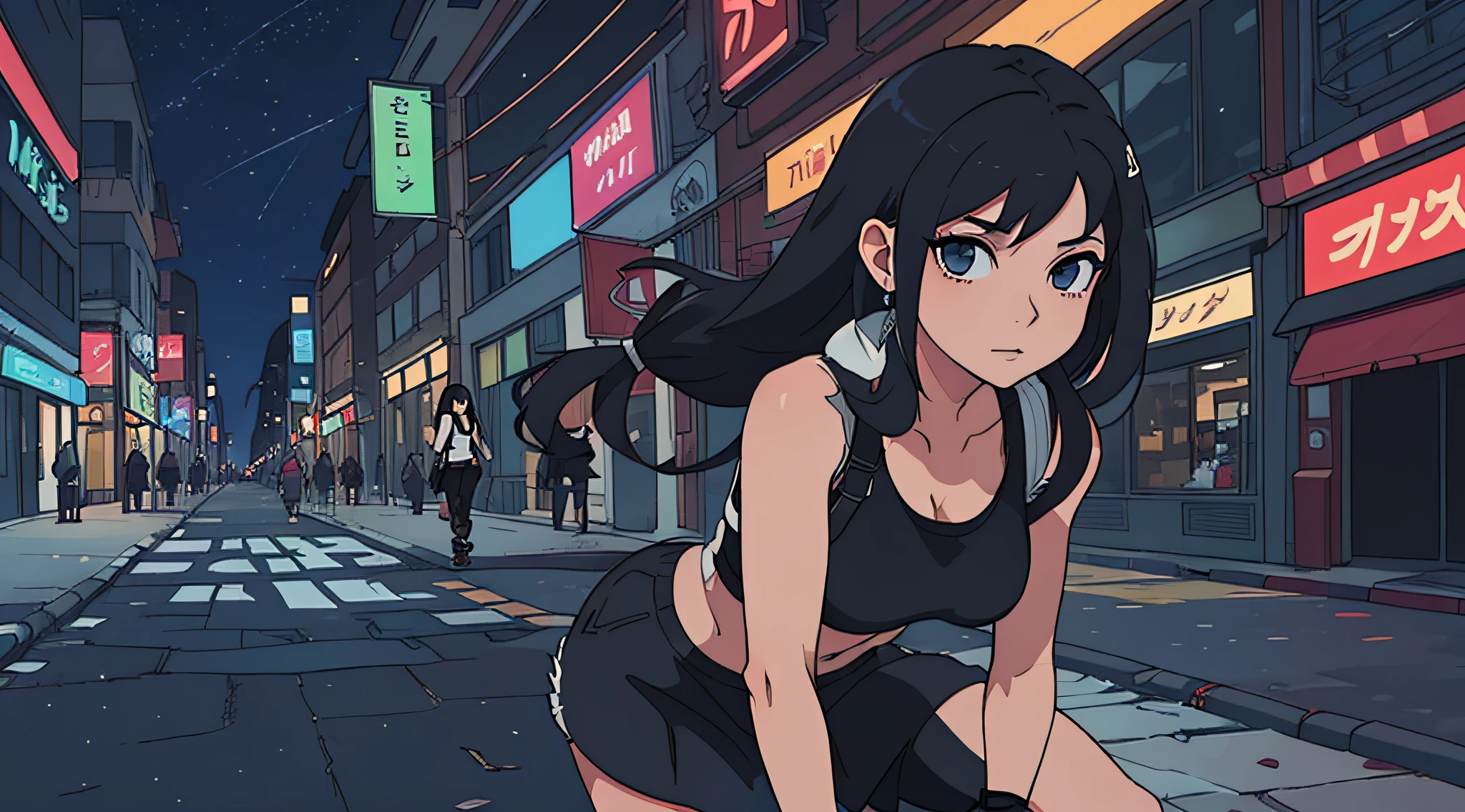 (Tifa - Final Fantasy) menina anime bonita, cabelos pretos, ambiente urbano, noite, chuva de fundo, Advanced technological accessories for your time, Estilo anime 8k,