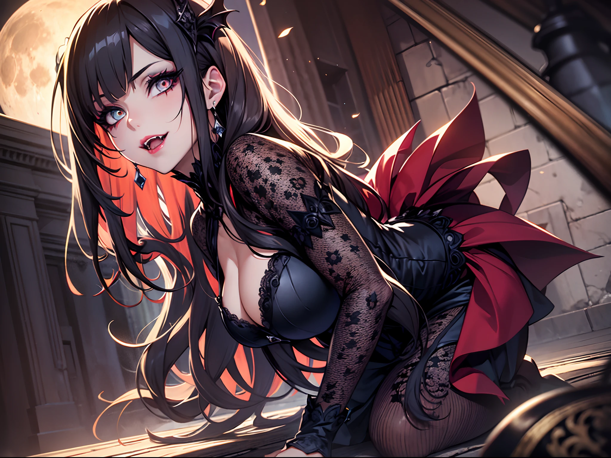 (best quality), (masterpiece), (photorealistic), (realistic), super detailed, unity 8k wallpaper, highly detailed cg, ray tracking, sharp shadows, great detail, depth of field, super detailed background, As the crimson moon shed black tears, the crimson eyes of a dark-haired beauty flickered eerily. She is a vampire, her eyes smiling at her prey. Her black dress is red embroidered in a delicate and intricate design. Detailed drawing. Vivid colors. High picture quality. (Kneeling, leaning forward, Place your hands on the floor in front of you):2. (mouth open to show fangs. Red lips):1.6. (shot from the grand, from below):1.4, (Gothic makeup):1.4, Red and Gray Room