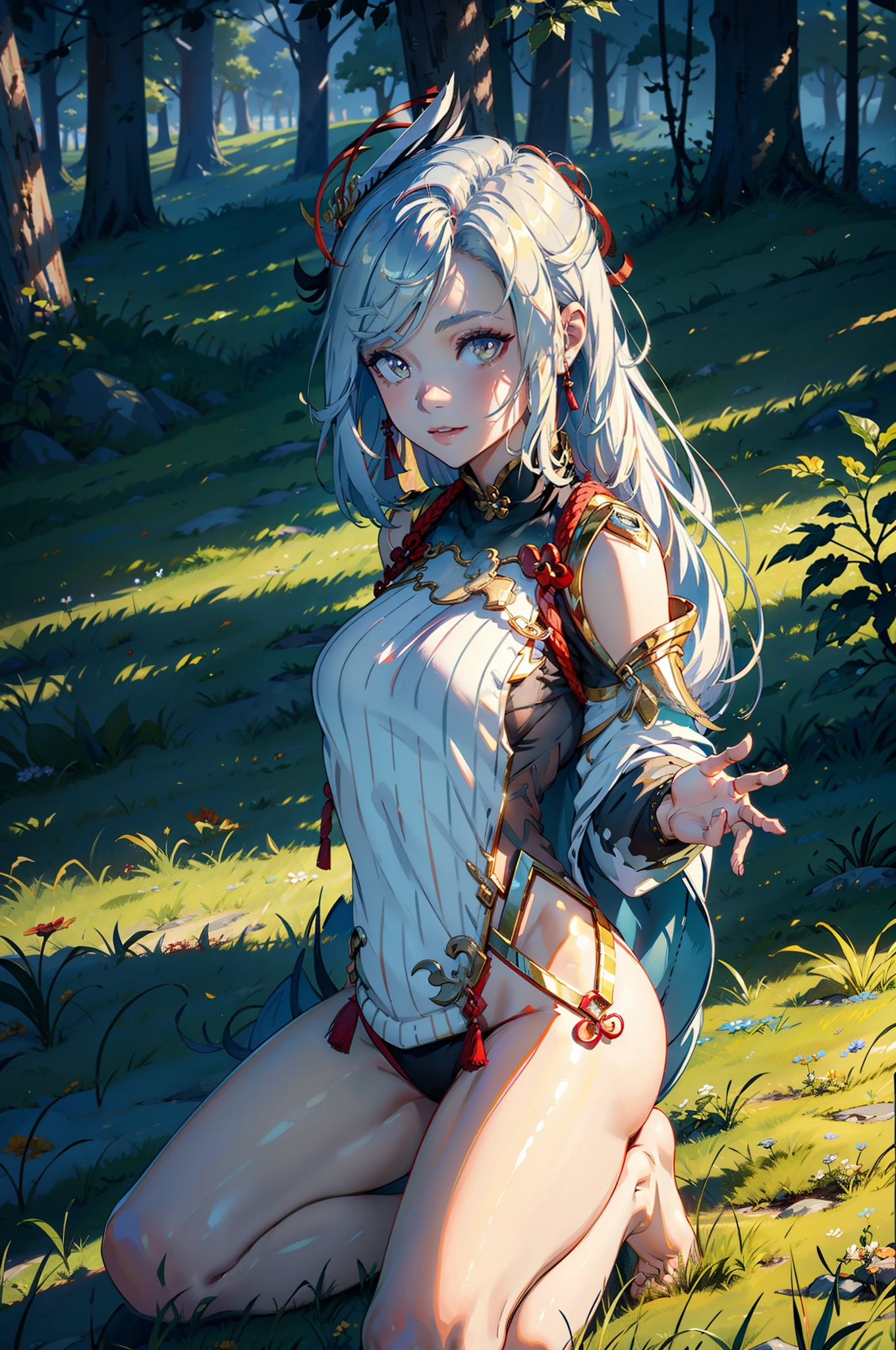 Masterpiece,Best quality,offcial art,Extremely detailed Cg Unity 8K wallpaper,1girll, 超高分辨率, (Photorealistic:1.4), 1girll, perfect hand,delicated,Chest moles,White color hair,Sweaters,long sweater,Tight sweater,cleavage,Bright,grassy fields,(Very small nose,Cancel the nostrils,Cancel the nose),Delicate faces,ssmile,eyeline,Lower perspective