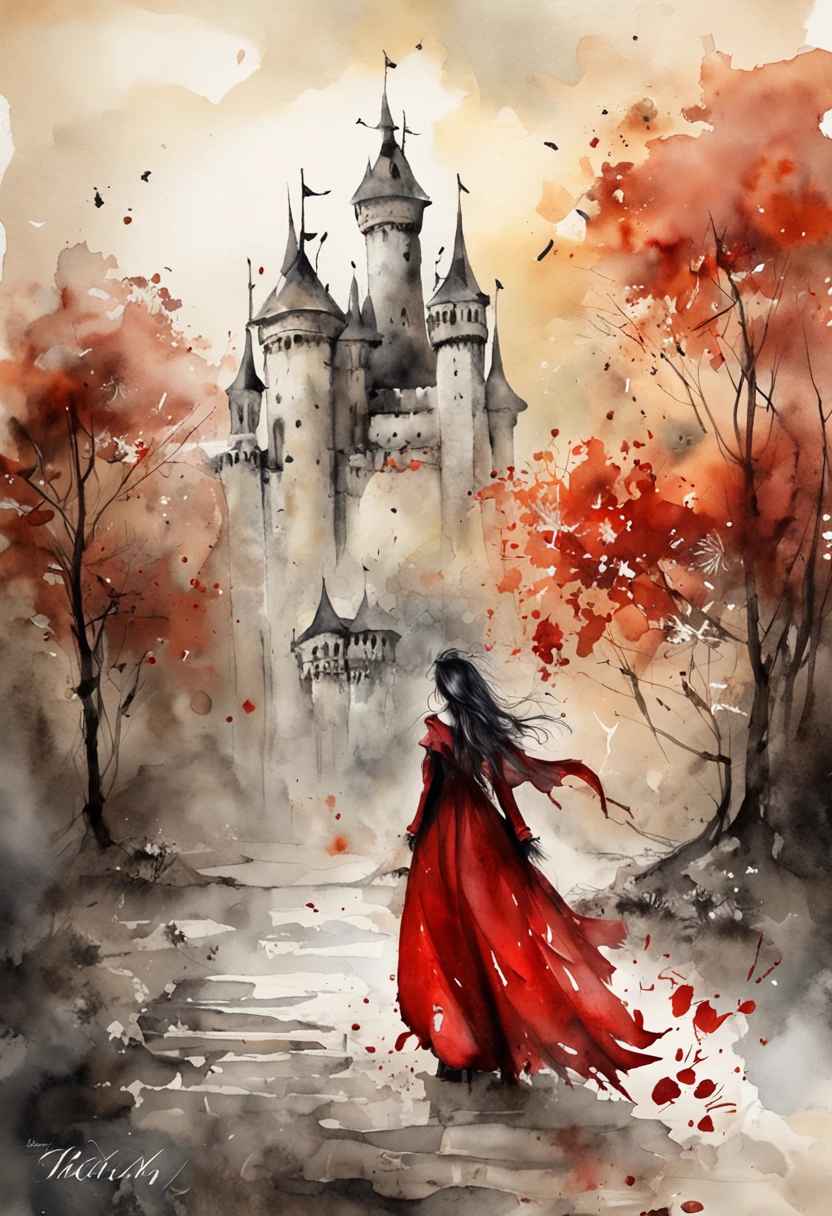 Best quality, Masterpiece, 超高分辨率, (photograph realistic:1.4), surrealism, Dream-like,fusionart, Shadowdancer, shadow magic,Red-eyed, Black-haired vampire，Dilapidated castle in the background