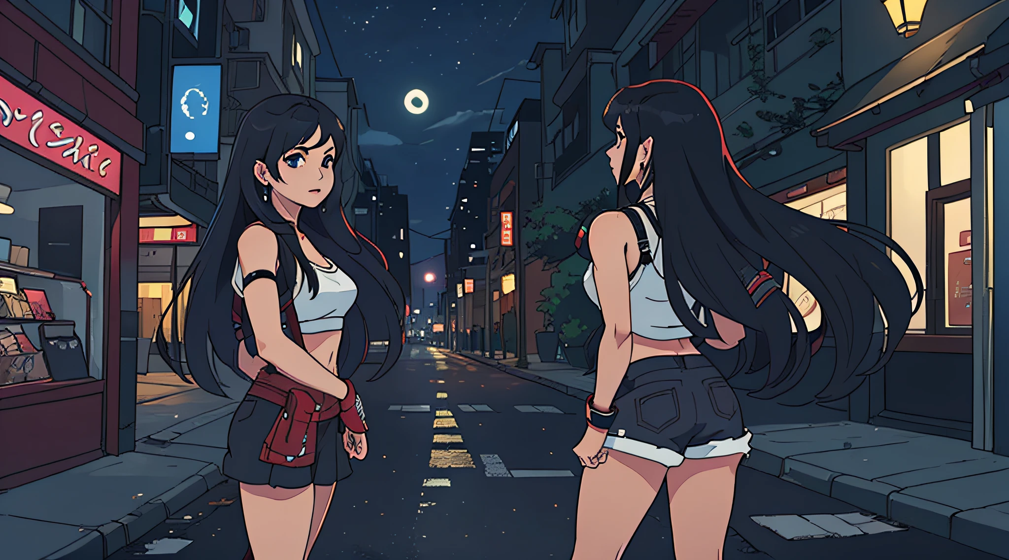 (Tifa - Final Fantasy) menina anime bonita, cabelos pretos, ambiente urbano, noite, chuva de fundo, Advanced technological accessories for your time, Estilo anime 8k,