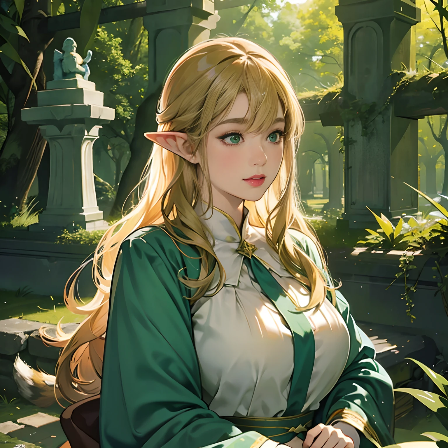 Women in Their 20s, offcial art, unity 8k wall paper, ultra-detailliert, beautifly、Aesthetic, ​masterpiece, top-quality, Photorealsitic, Female Elf、Green eyes、long blonde hair、Pointed ears、Dark green costume、Costumes with plant designs、Big magic wand、bow and arrow、Large bow、Yakita、depth of fields, Fantastic atmosphere, Calm palette, tranquil mood, Soft shading、Ruins in the forest、Ruins covered in vegetation、Crumbling stone statue、Green Tree々、Beautiful Landscapes、bbw、very large breast、plump figure、Hareful、a squirrel