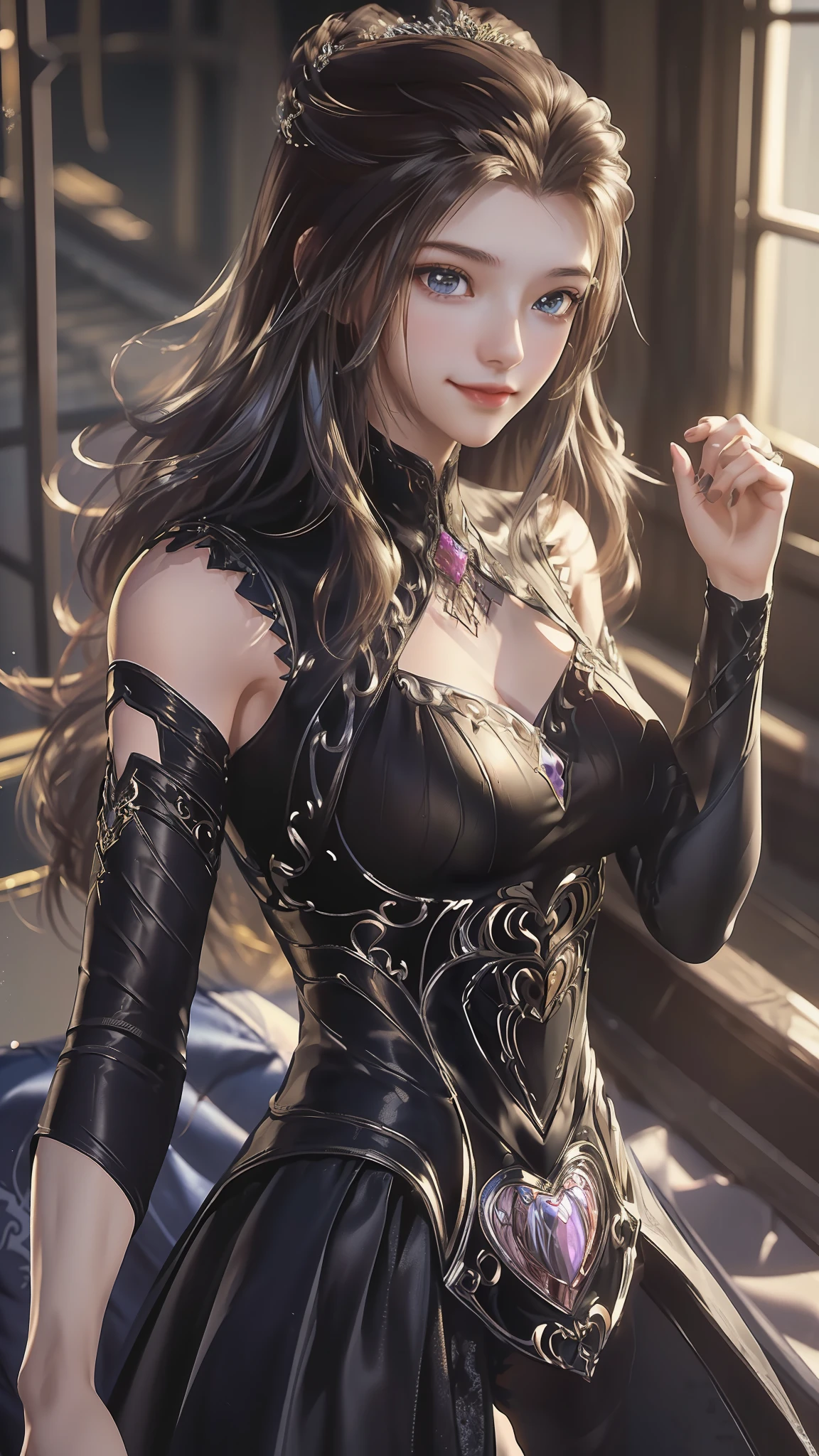 (masterpiece, highest quality, Very detailed, Best Shadow), (Beautifully detailed face), High Contrast,1girl,only,young woman,Dark brown hair,Straight Long Hair,Side Tail,Blue, clear eyes, Dark blue assassin suit, Confident emotion mood, smile, 3D, Realistic, High resolutionR, High resolution, background, RTTX 10.0, 2k,