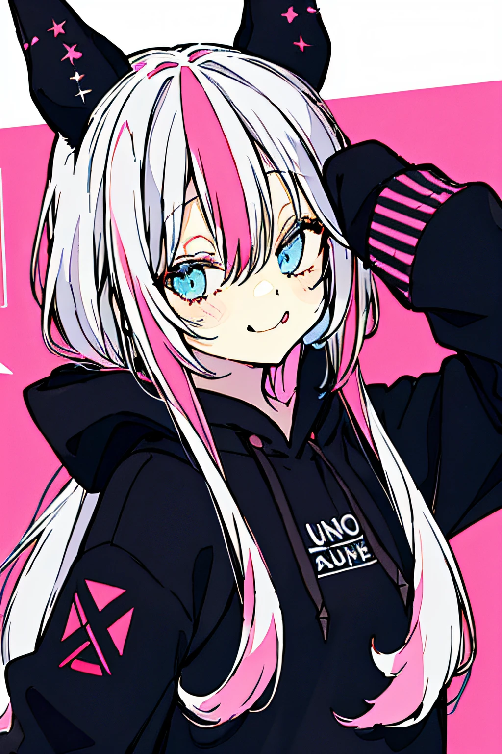 1girl, solo, hood, blue eyes, tongue, tongue out, long hair, long sleeves, bangs, hood up, black hoodie, arm up, upper body, multicolored hair, looking at viewer, white hair, hair between eyes, puffy long sleeves, hoodie, puffy sleeves, pink hair, drawstring, blush, closed mouth, :p, fake animal ears, virtual youtuber, sleeves past wrists, smile, horns, black jacket, jacket, two-tone hair