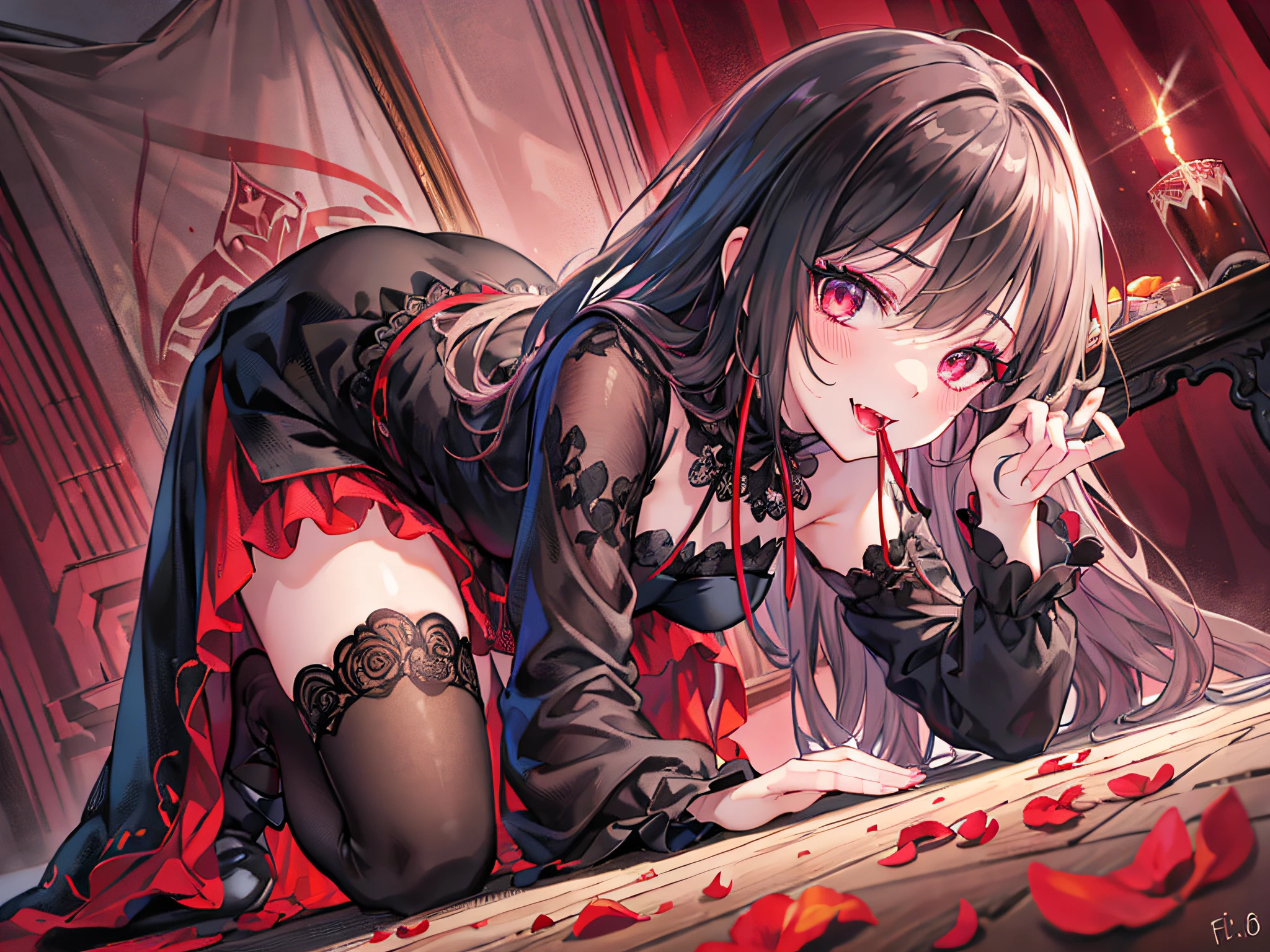 (best quality), (masterpiece), (photorealistic), (realistic), super detailed, unity 8k wallpaper, highly detailed cg, ray tracking, sharp shadows, great detail, depth of field, super detailed background, As the crimson moon shed black tears, the crimson eyes of a dark-haired beauty flickered eerily. She is a vampire, her eyes smiling at her prey. Her black dress is red embroidered in a delicate and intricate design. Detailed drawing. Vivid colors. High picture quality. (Kneeling, leaning forward, Place your hands on the floor in front of you):2. (mouth open to show fangs. Red lips):1.6. (shot from the grand, from below):1.4, (Gothic makeup):1.4, Red and Gray Room