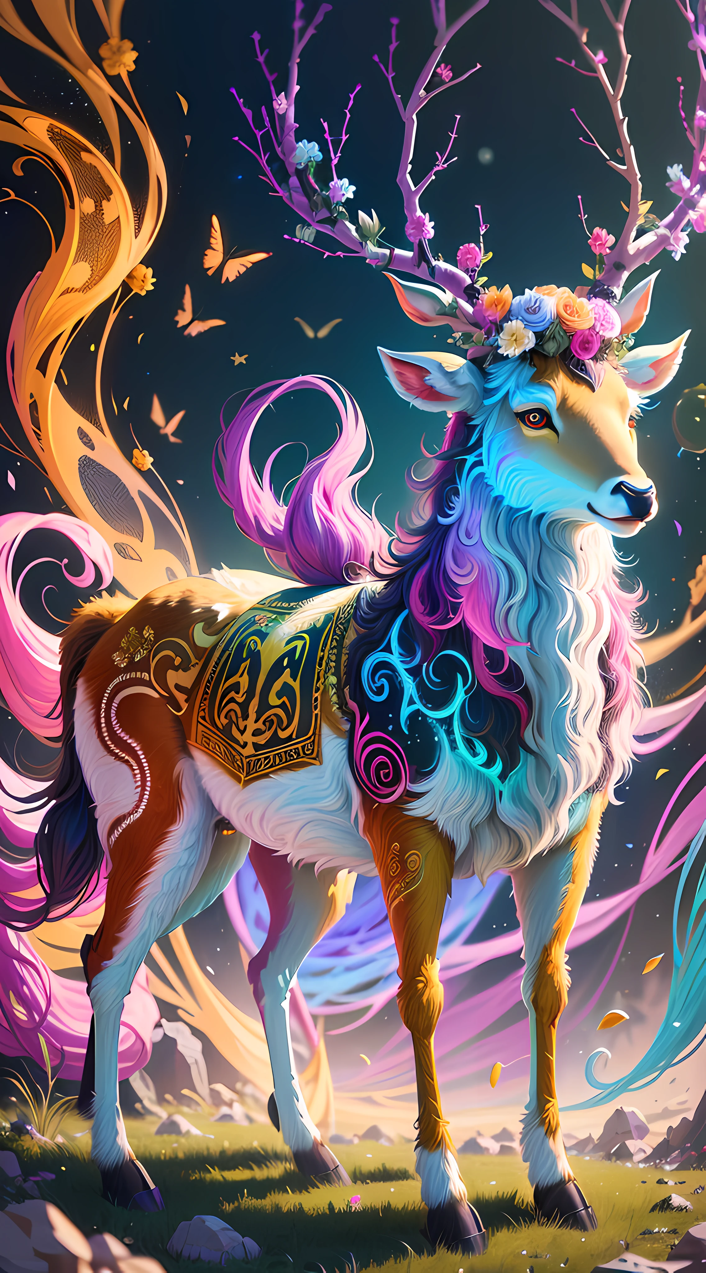 painting of a deer with a colorful mane and a flower crown, mythical creature, colorfull digital fantasy art, beeple and jeremiah ketner, anthropomorphic deer female, anthropomorphic female deer, 8k high quality detailed art, painted in the style arcane, a mythical creature, detailed fantasy digital art, vibrant fantasy style, detailed painting 4 k