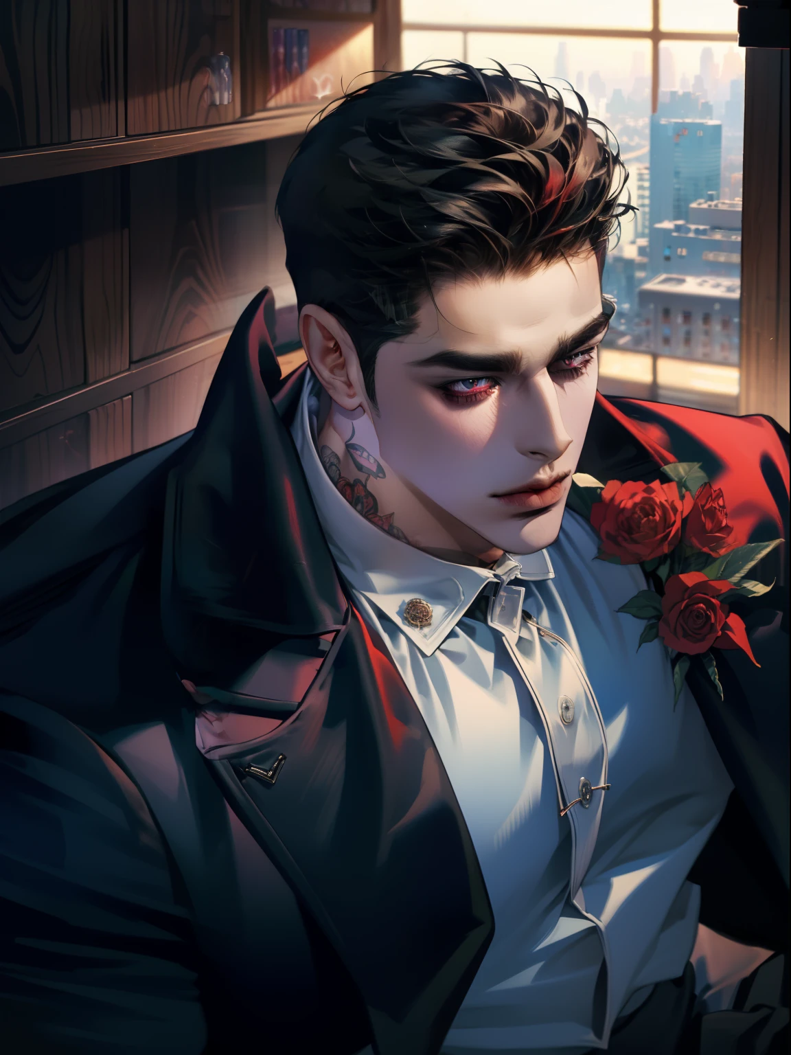 Mafia Noir Casino Gambling Bar Vampire dominant alpha gay couple macho sexy handsome demon adult men with tattoos big chest big abs slicked back hairstyle smoking red eyes charisma goth ((perfect face structure)) detailed stylized ((handsome male couple)) ((men kissing)) ((perfect eyes))