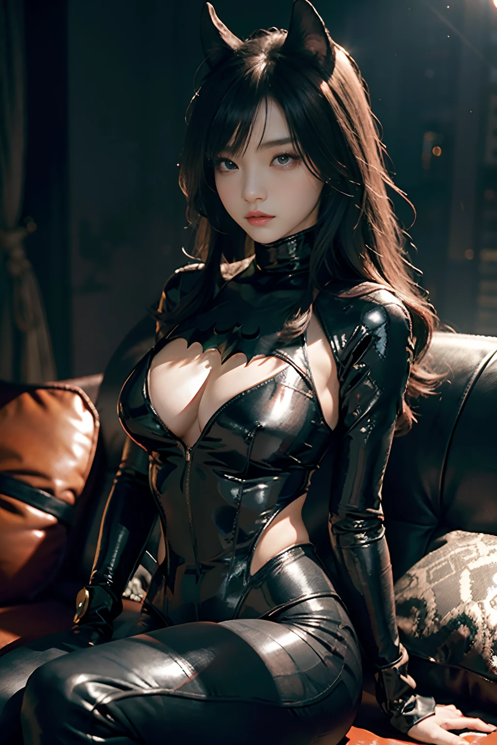 primitive，tmasterpiece，ultra fine photos，，best qualtiy，超高分辨率，Photoreality，rays of sunshine，full-body portraits，stunningly beautiful，，dynamicposes，Chinese beautiful woman，Vibrant eyes，（seen from the side），She wears a futuristic Batman costume，tight leather pants，turtleneck top，cropped shoulders，Batman ears，Sit on a leather sofa，very highly detailed background，detailed face with，Detailed and complex busy background，Untidy，opulent，milkyW，Highly detailed skin，Realistic details of skin，Visible Pore，tack sharp focus，volume fog，8K  UHD，digital SLR camera，high qulity，filmgrain，White skin of the，photo-realism，DL，Huge metropolis in a dystopia of the future , look from down, semi transparent