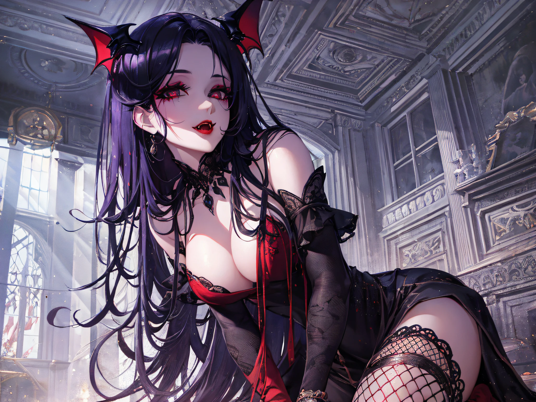 (best quality), (masterpiece), (photorealistic), (realistic), super detailed, unity 8k wallpaper, highly detailed cg, ray tracking, sharp shadows, great detail, depth of field, super detailed background, As the crimson moon shed black tears, the crimson eyes of a dark-haired beauty flickered eerily. She is a vampire, her eyes smiling at her prey. Her black dress is red embroidered in a delicate and intricate design. Detailed drawing. Vivid colors. High picture quality. (Kneeling, leaning forward, Place your hands on the floor in front of you):2. (mouth open to show fangs. Red lips):1.6. (shot from the grand, from below):1.4, (Gothic makeup):1.4, Red and Gray Room