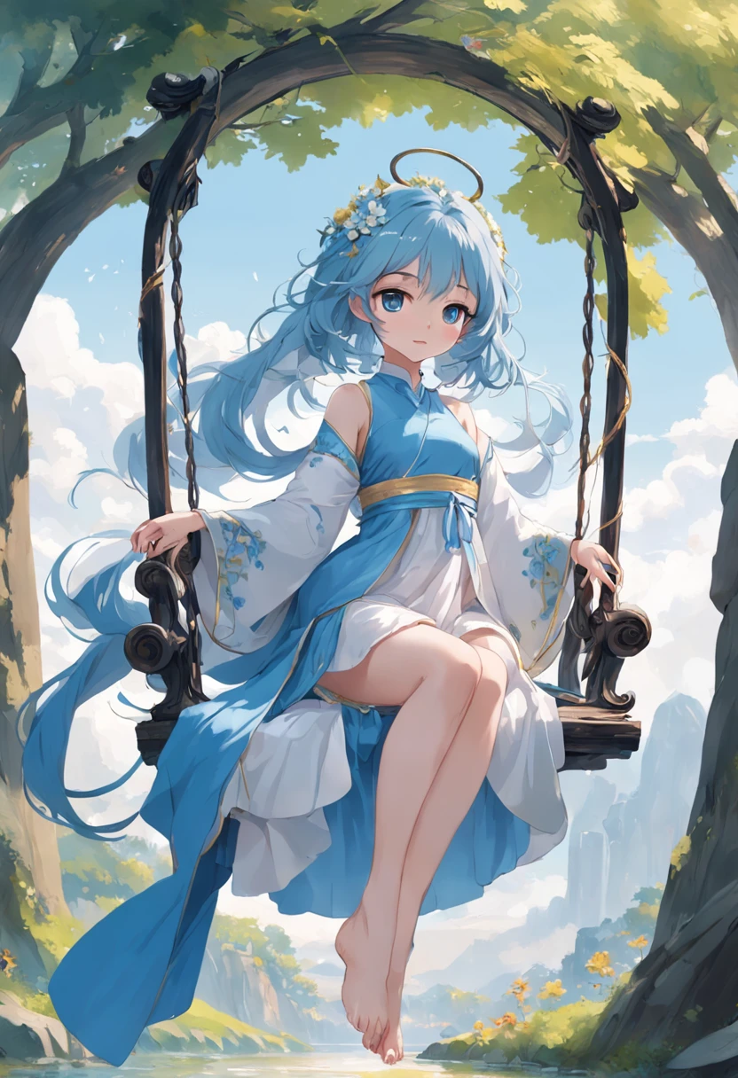 （in a panoramic view，Whole body diagram：1.5），（1 delicate girl playing on the swing），（Vine swing，Anime girl with blue hair and white dress with flower crown，palaces，hanfugirl），（Guviz-style artwork，Guvitz，inspired by Leng Mei，A beautiful fantasy queen，Inspired by Lee Mei Shu，Popular on CGstation，Inspired by Ai Xuan，Blue and white Hanfu，High heels，a beautiful fantasy empress：1.5），（A flowing dress，conservative girl，cloud goddess，Flowing blue and white patterned fabric，wearing flowing dress，Realistic）， (Wind: 1.5)，(full bodyesbian:1.5)，（senior color matching，gradient backgrounds，white backgrounid）