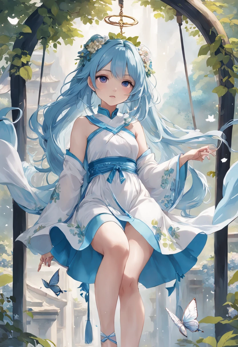 (in a panoramic view,Whole body diagram:1.5),(1 delicate girl playing on the swing),(Vine swing,Anime girl with blue hair and white dress with flower crown,palaces,hanfugirl),(Guviz-style artwork,Guvitz,inspired by Leng Mei,A beautiful fantasy queen,Inspired by Lee Mei Shu,Popular on CGstation,Inspired by Ai Xuan,Blue and white Hanfu,High heels,a beautiful fantasy empress:1.5),(A flowing dress,conservative girl,cloud goddess,Flowing blue and white patterned fabric,wearing flowing dress,Realistic), (Wind: 1.5),(full bodyesbian:1.5),(senior color matching,gradient backgrounds,white backgrounid)