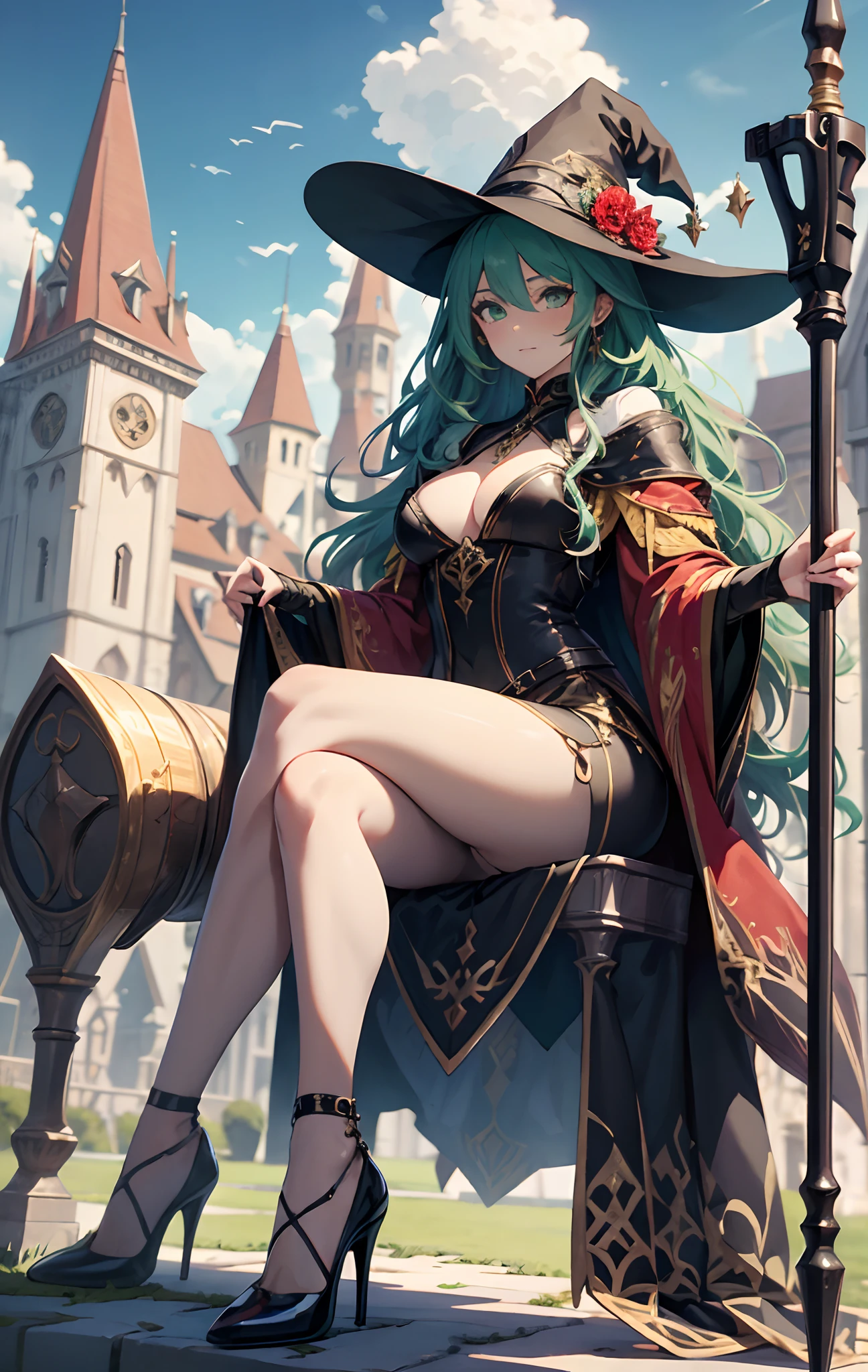 best qualityer，tmasterpiece，Ultimate resolution，downy，Extremely colorful，Colorful，Alpine background，Sky flight，（Red magic robe long dress），Long flowing green hair，The Witch，a matural female，（red high heel pumps），Sit on a magical broom，Normal posture，Normal posture