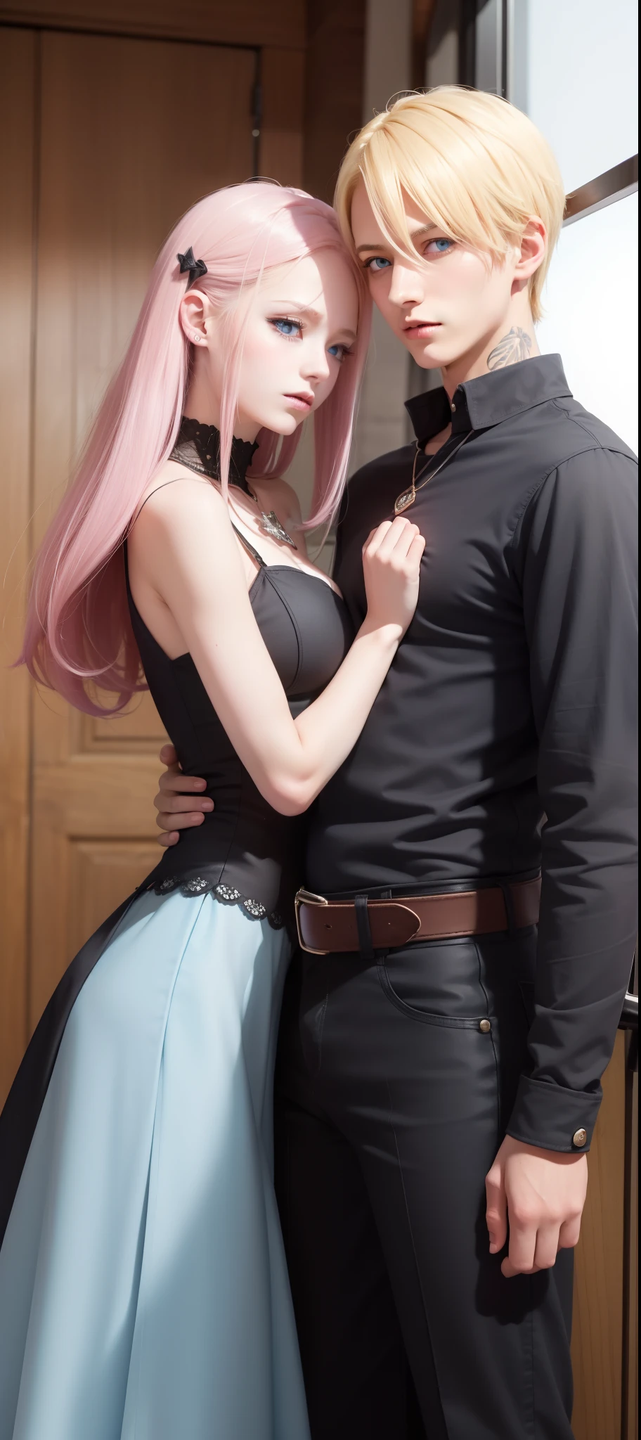 masterpiece, top-quality, 2Others, Male and female couples, 1 man and 1,, Adults, Height difference, different color, finely eye and detailed face, intricate detailes, Wizarding World Costumes, Inside the coffee shop, Hands on back, During the walk, A smile, Happiness, tenderness, youthfulness, high-level image quality、 Beautiful men and women、tall、window、𝓡𝓸𝓶𝓪𝓷𝓽𝓲𝓬、British men, Idol Photos, k pop, Professional Photos, Vampires and witches, Fedoman with necklace, inspired by Sim Sa-jeong, androgynous vampire, :9 detailed face: 8, extra detailed face, detailed punk hair, ((Light blue eyes)) baggy eyes, Seductive. Highly detailed, semi realistic anime, Vampires, hyperrealistic , delicate androgynous prince, imvu, short hair above the ears, Man with short hair, Woman with long hair, With a man with a glaring expression, Woman with a gentle expression, ((With an Englishman with short blonde hair and light blue eyes)), ((Woman with pretty long pink hair and light blue eyes)),