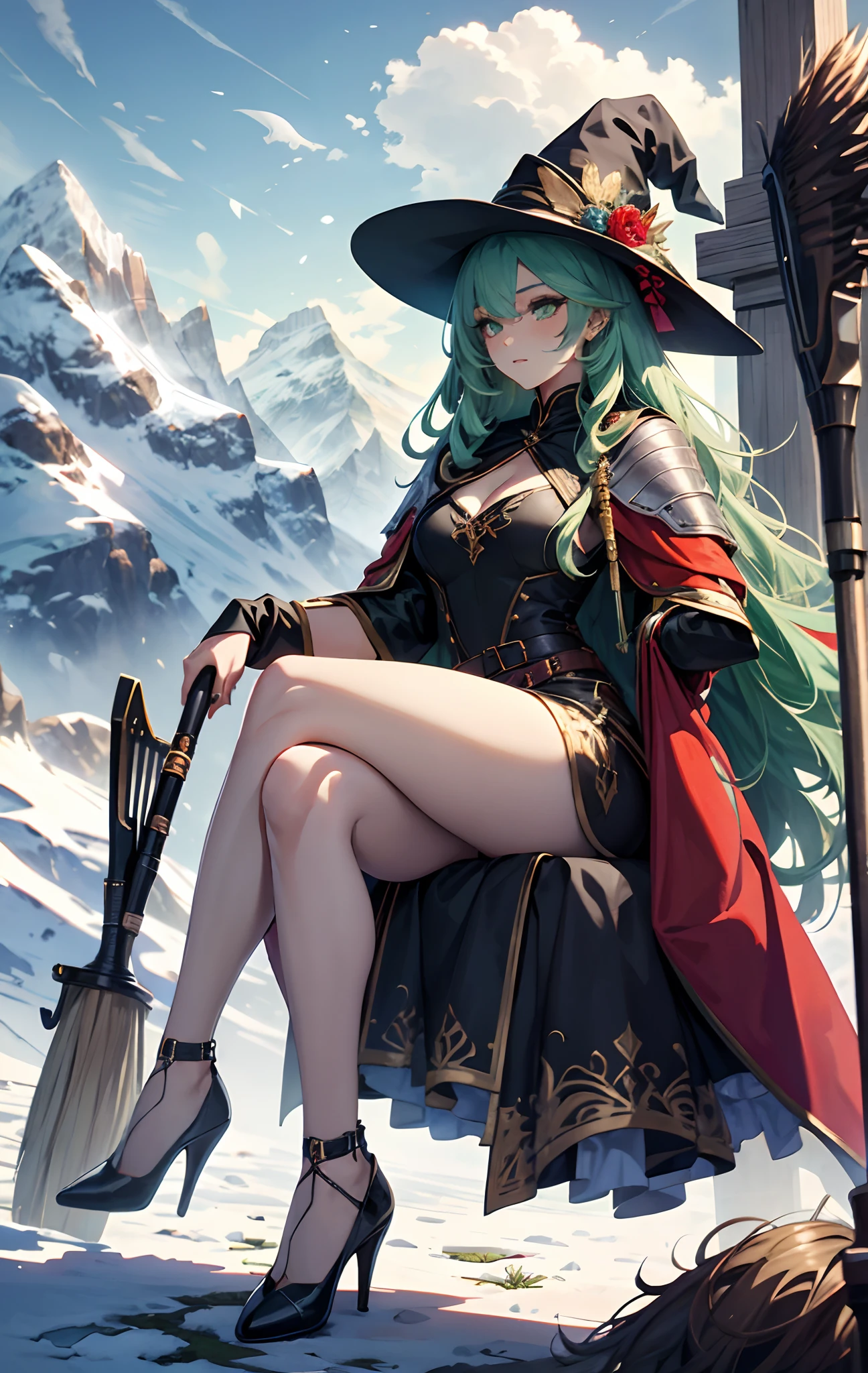 best qualityer，tmasterpiece，Ultimate resolution，downy，Extremely colorful，Colorful，Alpine background，Sky flight，（Red magic robe long dress），Long flowing green hair，The Witch，a matural female，（red high heel pumps），Sit on a magical broom，Normal posture，Normal posture