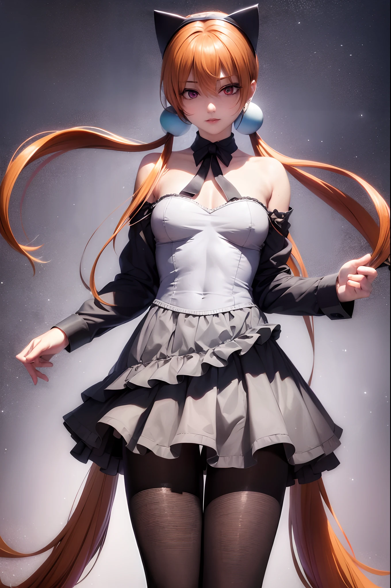 photorealistic, (hyperrealistic:1.2), beautiful, masterpiece, best quality, extremely detailed face, perfect lighting, full body, large breasts, wide hips, thick thighs, detailed eye makeup, detail face, nice detailed eyes, slanted eyes, heavy eye makeup, 1girl, long hair, (low) twin-tails, (Blue ball hair fastening), cute cheeky smile face, simple background, grey background, glossy orange hair, juicy thick thighs, full body, shiny skin, smooth skin, skinny body, (young:1.3), (flat chest:1), perfect anatomy, absurdly long hair, bangs, eyes visible through hair, twintails, brown hair, shiny hair, snowflakesdetailed cute anime face, no facial features, clear eyes, closed_mouth, flat chestbest quality, purple eyes, white skin, headband, extremely detailed CG unity 8k wallpaper, ultra detailed, extremely kawaii, LOOK AT THE VIEWER, raw nude , nsfw