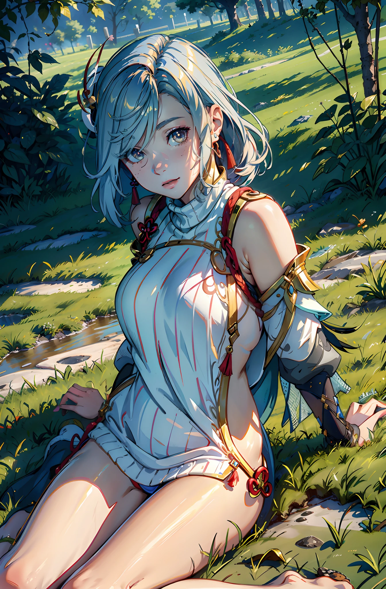 Anime girl sitting on grass holding sword, Detailed digital anime art, Portrait Chevaliers du Zodiaque Fille, highly detailed exquisite fanart, clean and meticulous anime art, 2. 5 D CGI anime fantasy artwork, Kushatt Krenz Key Art Women, Fanart Meilleure ArtStation, trending on artstation pixiv, detailed anime art, Beautiful anime artwork