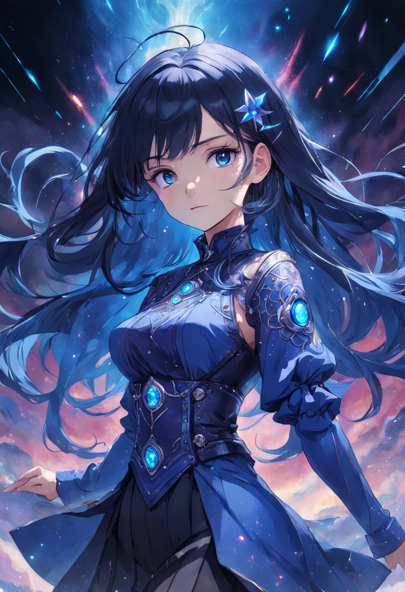 (masterpiece, top quality, best quality, official art, beautiful and aesthetic:1.2), girl, detailed face, long black hair, full body, blue shirt with high collar, violet corset, long blue skit, celestial, cosmic, extremely beautiful, high detailed, (galactic in background), luminous effects, highest detailed, floating particles, ancient runes, geometric patterns, V0id3nergy , mana, shadows, epic atmosphere