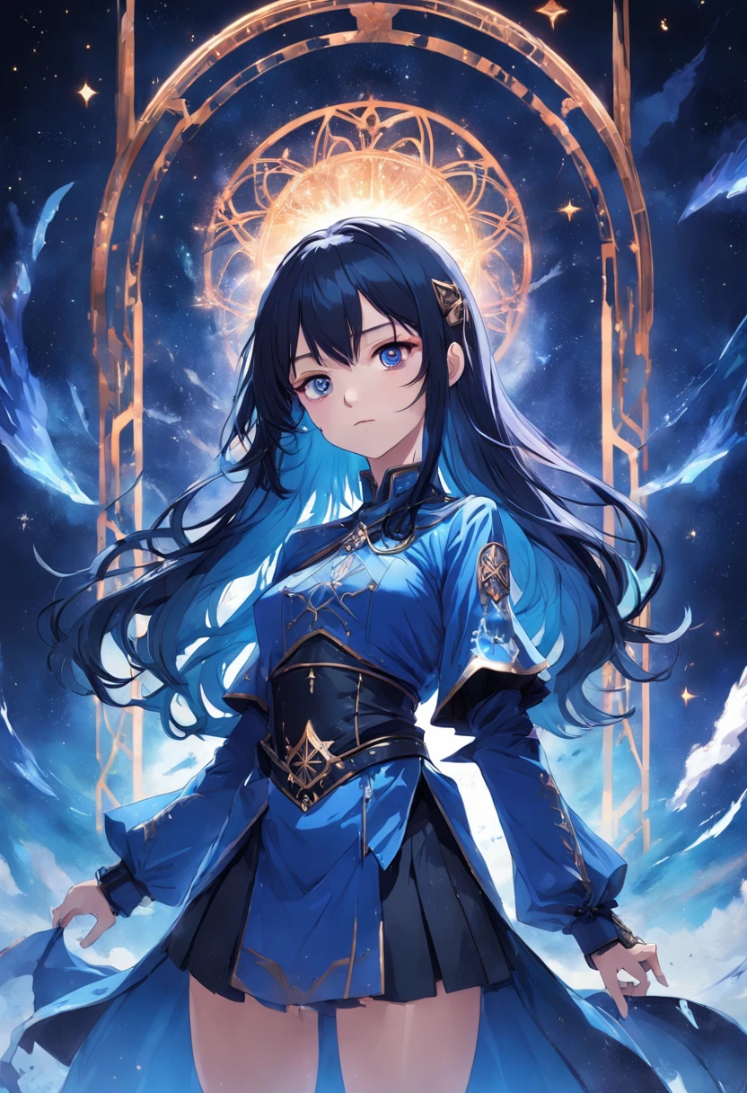 (masterpiece, top quality, best quality, official art, beautiful and aesthetic:1.2), girl, detailed face, long black hair, full body, blue shirt with high collar, violet corset, long blue skit, celestial, cosmic, extremely beautiful, high detailed, (galactic in background), luminous effects, highest detailed, floating particles, ancient runes, geometric patterns, V0id3nergy , mana, shadows, epic atmosphere