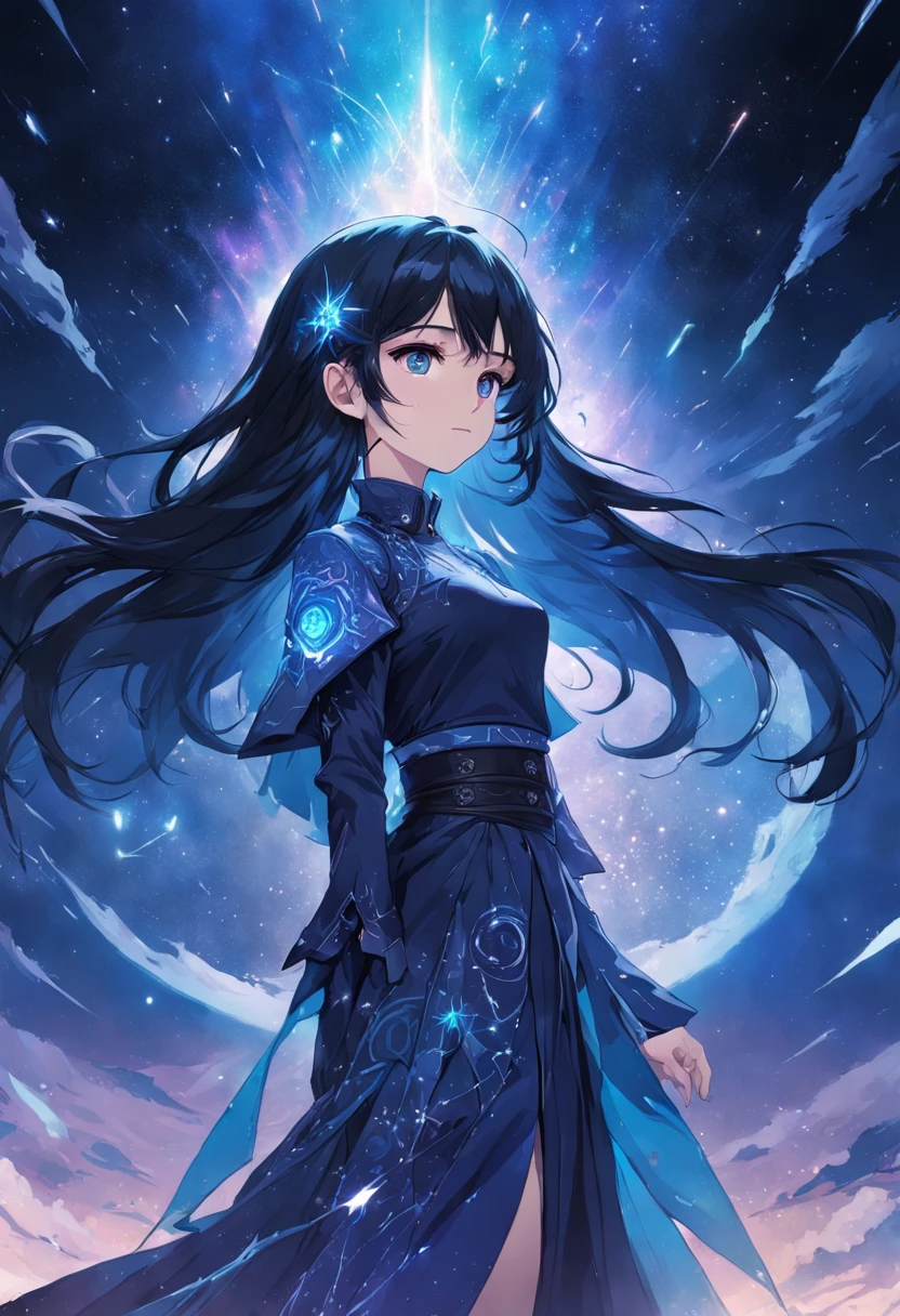 (masterpiece, top quality, best quality, official art, beautiful and aesthetic:1.2), girl, detailed face, long black hair, full body, blue shirt with high collar, violet corset, long blue skit, celestial, cosmic, extremely beautiful, high detailed, (galactic in background), luminous effects, highest detailed, floating particles, ancient runes, geometric patterns, V0id3nergy , mana, shadows, epic atmosphere