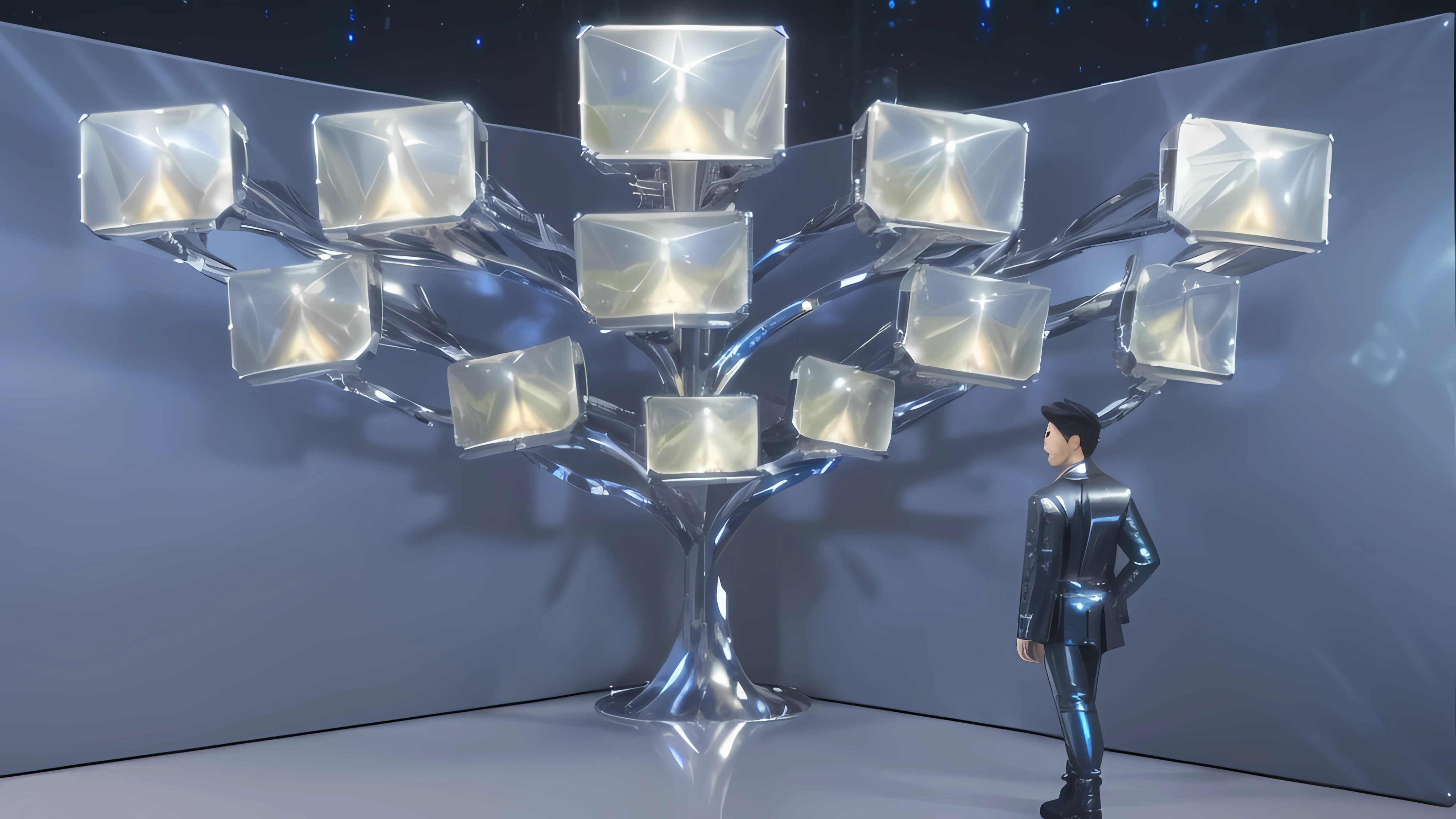 There was a man standing next to a tree with many lights, an enormous silver tree, collective civilization tree, futuristic cloning facility, virtual metaverse room, futuristic lighting, depicted as a 3 d render, the encrypted metaverse, holographic projections, metaverse concept art, depicted as a scifi scene, data holograms, computer generated, Diamond Tree