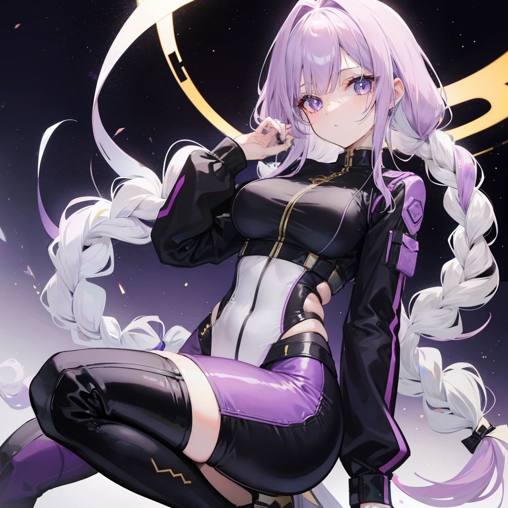 light violet hair，Twist braids，She wore a tight flight suit decorated with gold, Black and white，Over-the-knee black stockings，She is a beautiful girl with a good look