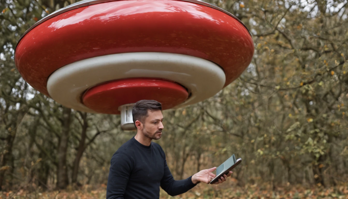 A man washes a flying saucer, autumn, November, UFO, The color of pulcher turns red, Singula Complexa, Hyperrealitas, Movet Dynamics, Motus, Motus, Altitudo Resolutio, Profunditas Fields, super detaill, Color: pulcher reddendo, Singula Universa, Global Lucendi