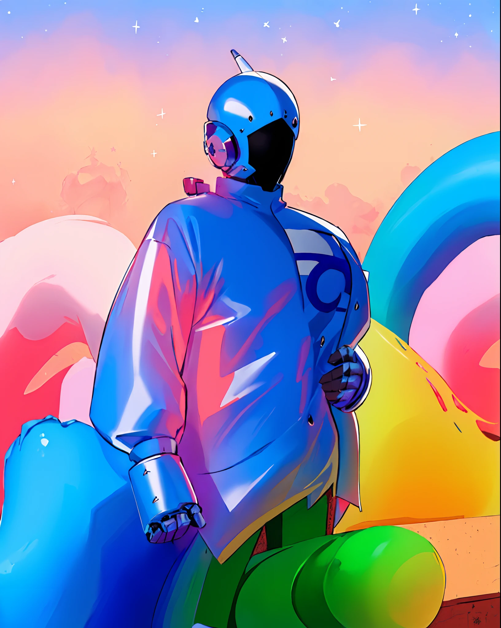 Superhero mecha (faceless:1.5) anime goddess wearing star armor, star boss, (nintendo 64:1.3), blue, white background, red,(black and white:1.5), artwork, (masterpiece:1.3) , starry background,