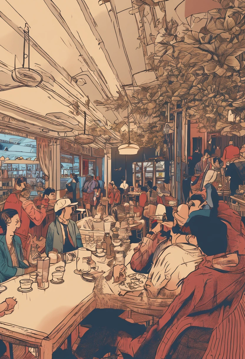 (超A high resolution、Photorealsitic、top-quality、Photorealsitic)、(8K、Raw photo、top-quality、masterpiece)、resturant、4 men and women in their 40s、Everyone drinks beer、Dark interior、((The lighting is dark))、a smile、Laughing