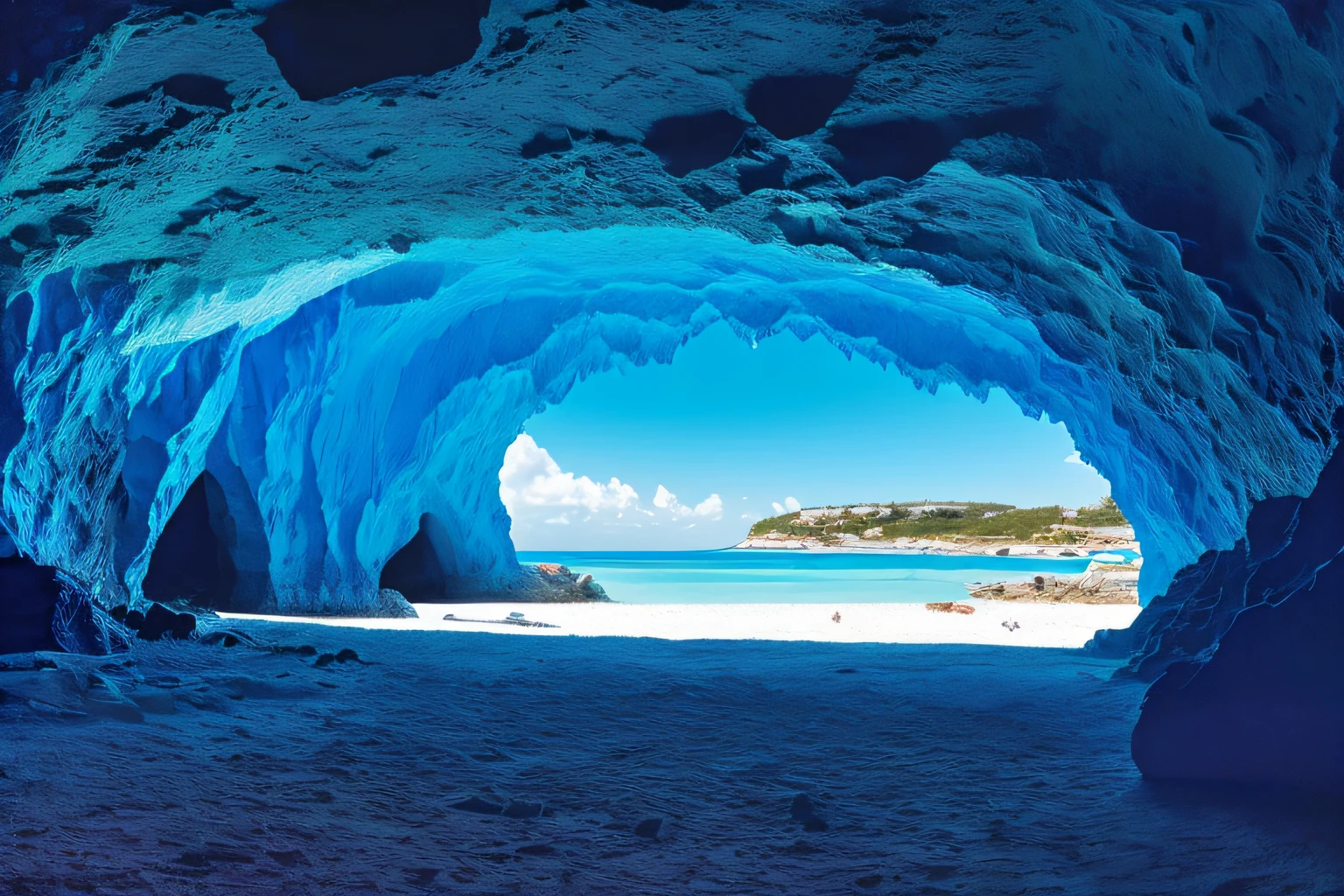 Inner cave, Cobalt Blue Ocean, village, lierre grimpant