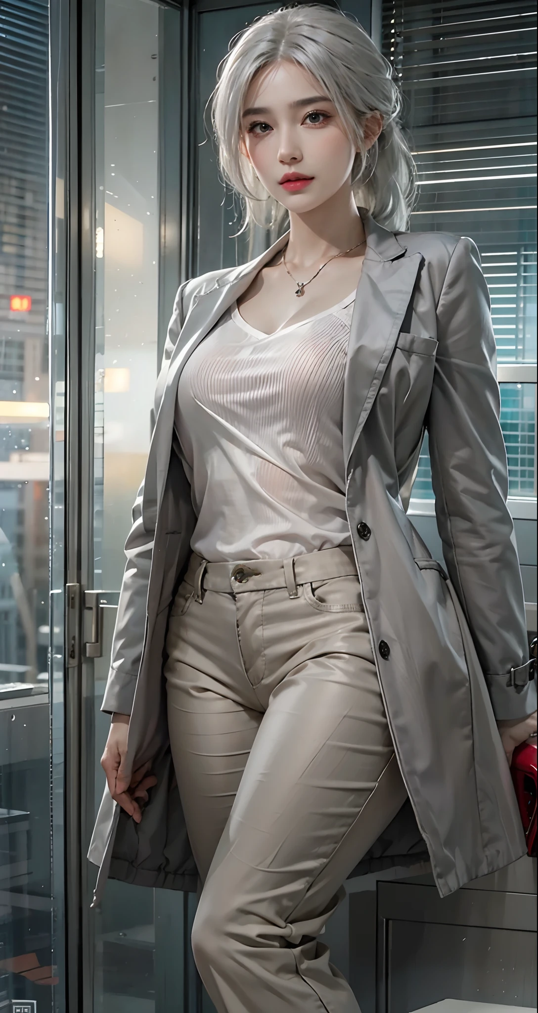 photorealistic, high resolution, soft light,1women, solo, hips up, shining skin, (detailed face),tattoo, jewelry, grey suit, open jacket, office lady, suit, pants, from behind, night, white hair, wavy hair, Beautiful Soldier, Eyes That Invite Viewer, Lover's Perspective, Inviting Expression, Sexy Smile, Perfect Style, Perfect Balance, Detailed Skin, Naughty Gaze, Chest Visible