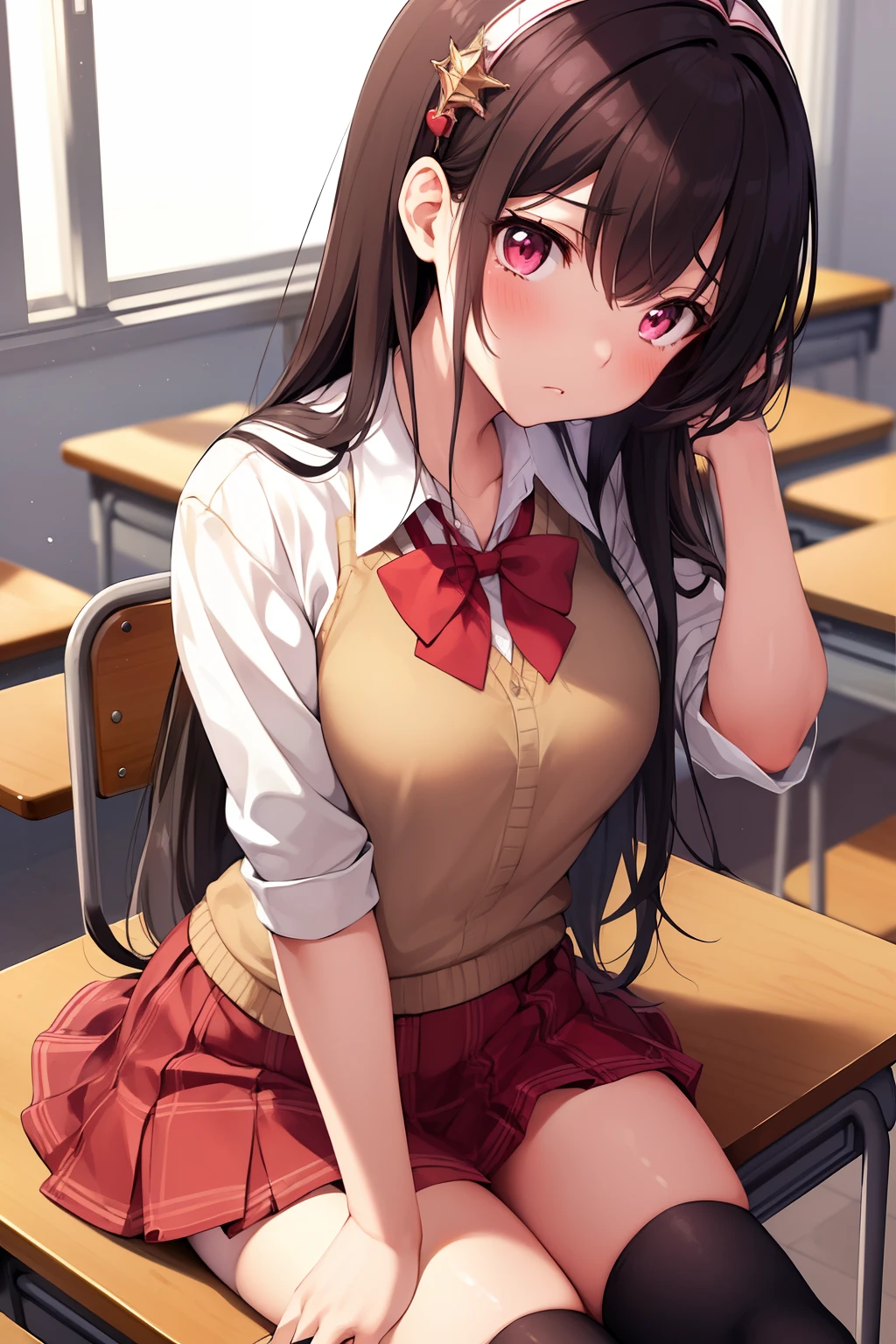 masterpiece, high quality, 1girl, sad expressions, tired, alone, gyaru, black hair, pink eyes, school uniform, thighhighs, red bra, skirt, cute, princess crown, wide angle, sitting on a corner desk alone in Classroom, empty desks in classroom, school theme, with her head on table, sad