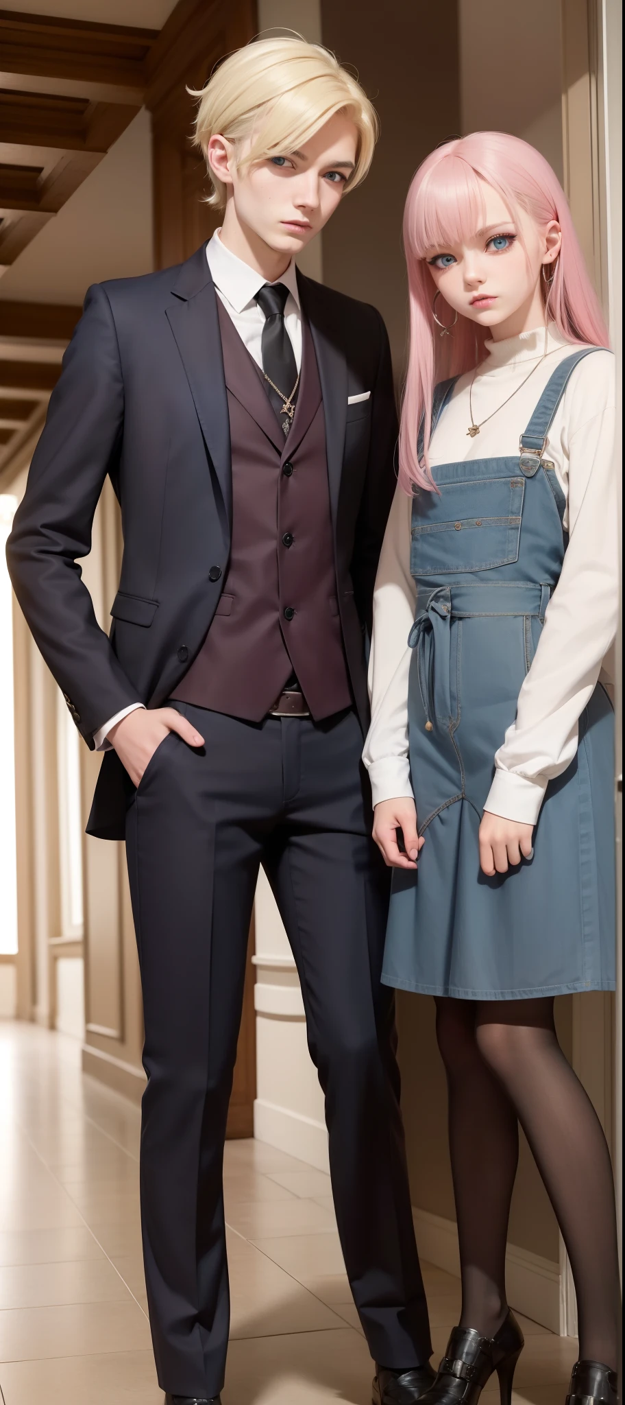 masterpiece, top-quality, 2Others, Male and female couples, 1 man and 1,, Adults, Height difference, different color, finely eye and detailed face, intricate detailes, Wizarding World Costumes, Inside the coffee shop, Hands on back, During the walk, A smile, Happiness, tenderness, youthfulness, high-level image quality、 Beautiful men and women、tall、window、𝓡𝓸𝓶𝓪𝓷𝓽𝓲𝓬、British men, Idol Photos, k pop, Professional Photos, Vampire Men and Witches, Fedoman with necklace, inspired by Sim Sa-jeong, androgynous vampire, :9 detailed face: 8, extra detailed face, detailed punk hair, ((Light blue eyes)) baggy eyes, Seductive. Highly detailed, semi realistic anime, Vampires, hyperrealistic , delicate androgynous prince, imvu, short hair above the ears, Man with short hair, Woman with long hair, With a man with a glaring expression, Woman with a gentle expression, ((With an Englishman with short blonde hair and light blue eyes)), ((Woman with pretty long pink hair and light blue eyes)),