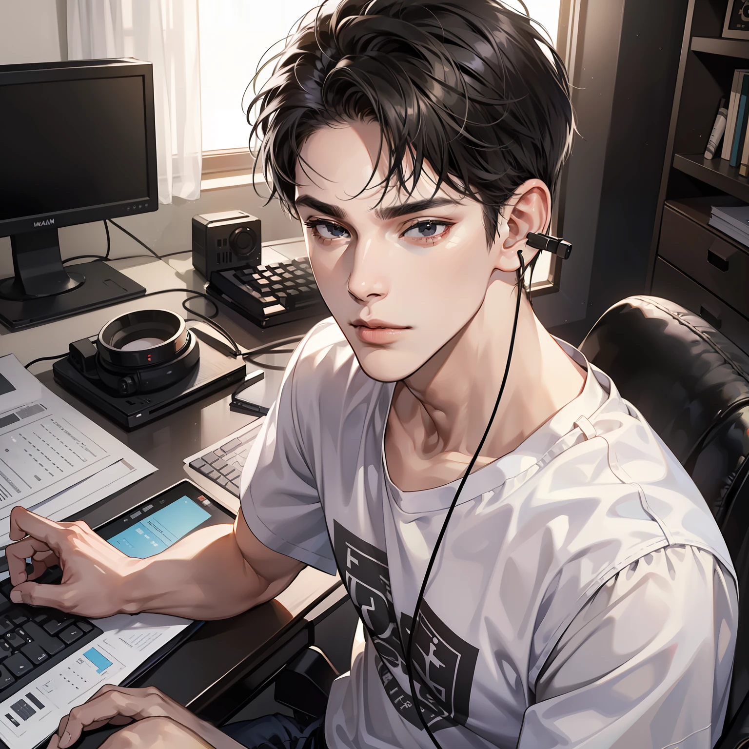 Masterpiece, high quality, best quality, HD, realistic, perfect lighting, detailed face, detailed body, 1 man, short black hair, white t-shirt, (calm expression: 1.5) (indifferent face: 1.5), wearing headphones, sitting in front of computer screen, writing, room, black eyes