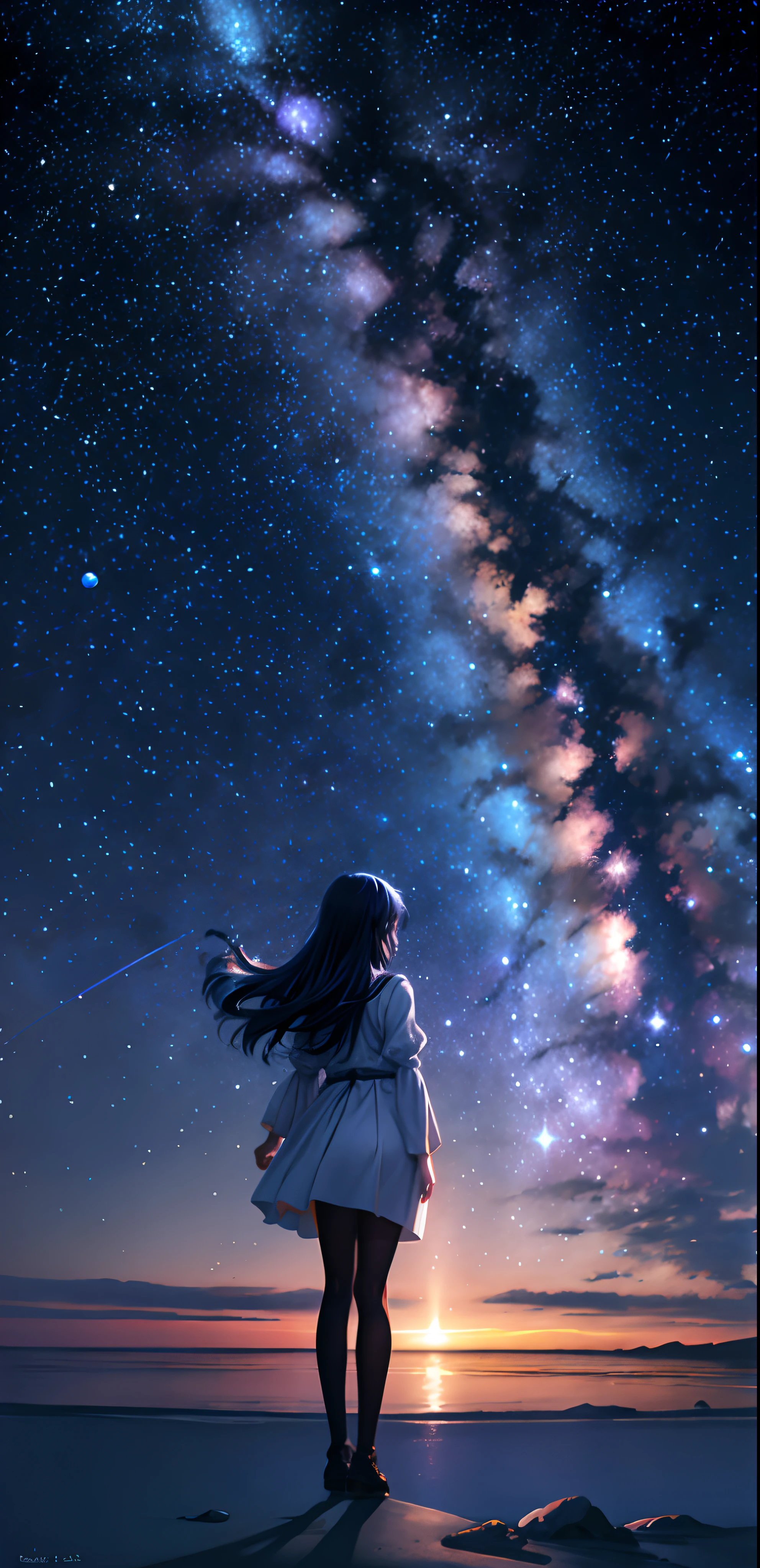 starry sky with a woman standing on a beach looking at the stars, girl looks at the space, anime girl with dark blue hair in a white dress, girl in space, endless cosmos in the background, looking out into the cosmos, amazing wallpaper, on a galaxy looking background, beautiful girl on the horizon, looking out into space, makoto shinkai cyril rolando, anime art wallpaper 4k