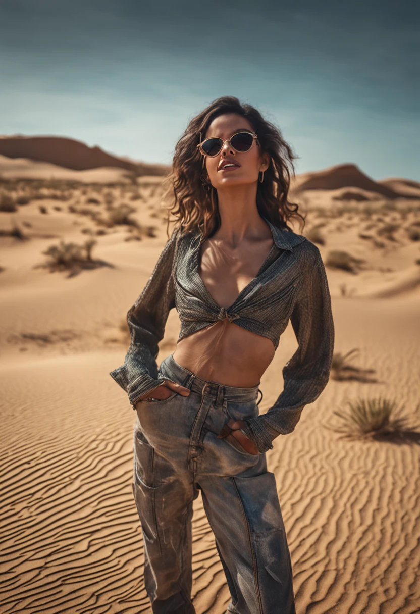 Foto de mulher bonita no deserto realista estilo retrato super detalhado, transparent sunglasses, detailedfacialfeatures, termografia, seco, Heat-exhausted cityscape, Metal Etéreo Ian, Olho - Detalhe Atraente, Perca os detalhes em um piscar de olhos,