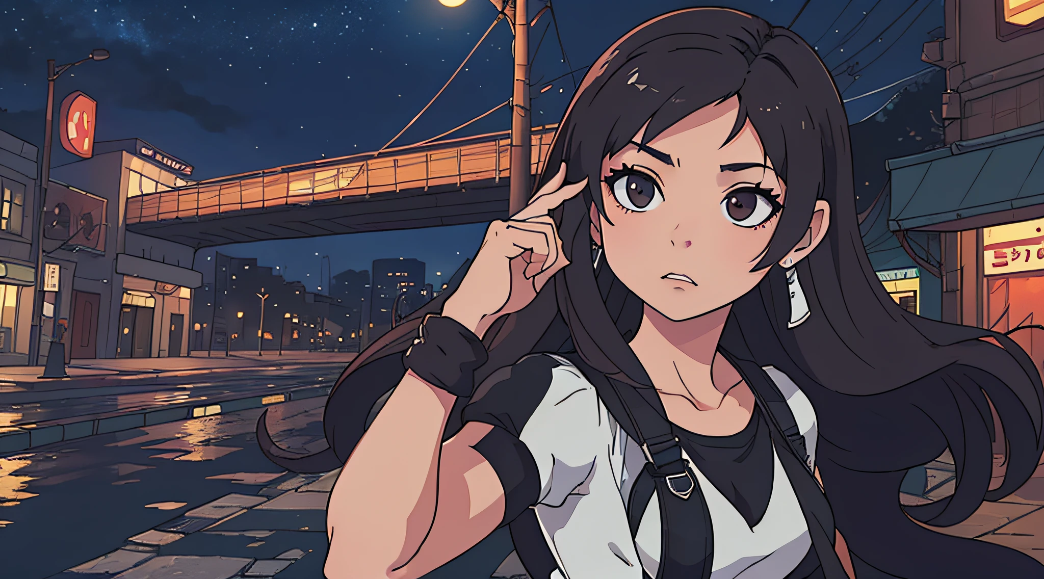 (Tifa - Final Fantasy) anime bonita, cabelos pretos, ambiente urbano, noite, chuva de fundo, Advanced technological accessories for your time, Estilo anime 8k,