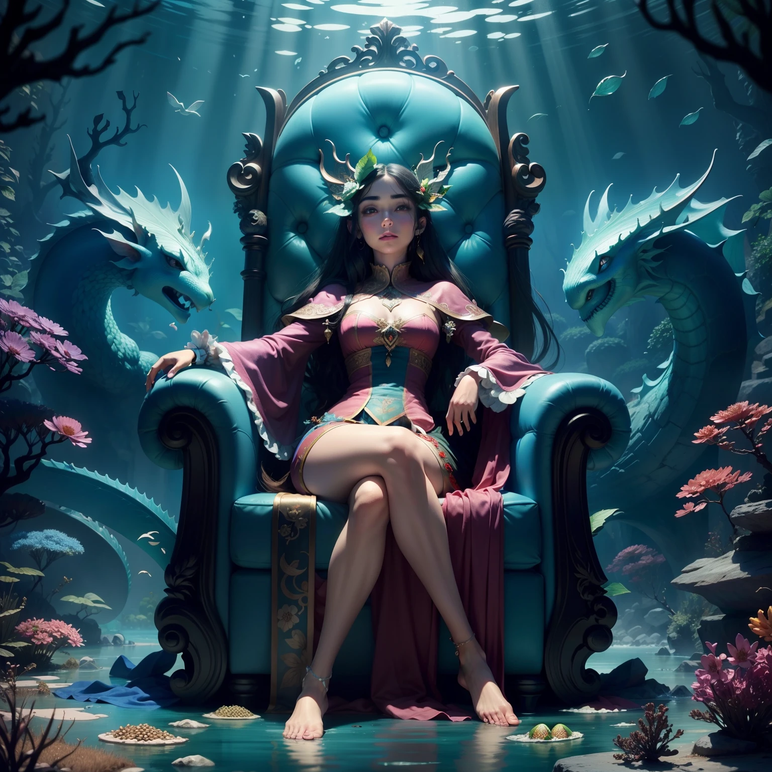 Underwater world，The noble dragon girl sat on the dragon chair，It is surrounded by coral reefs，water bubbles，Colorful light