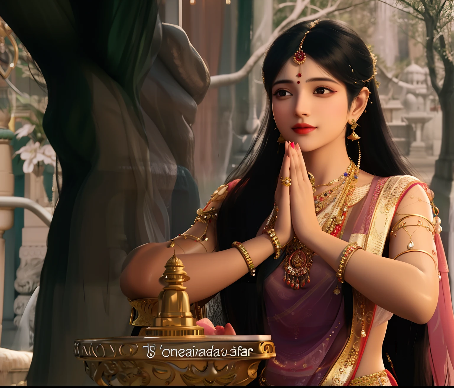 a close up of a woman in a sari praying, aesthetic!!!!!! female genie, traditional beauty, indian goddess, hindu aesthetic, indian goddess of wealth, goddess checking her phone, beautiful goddess, traditional female hairstyles, beautiful image, from ramayan, indian style, inspired by Thota Vaikuntham, very beautiful photo, beautiful avatar pictures, hot indian woman