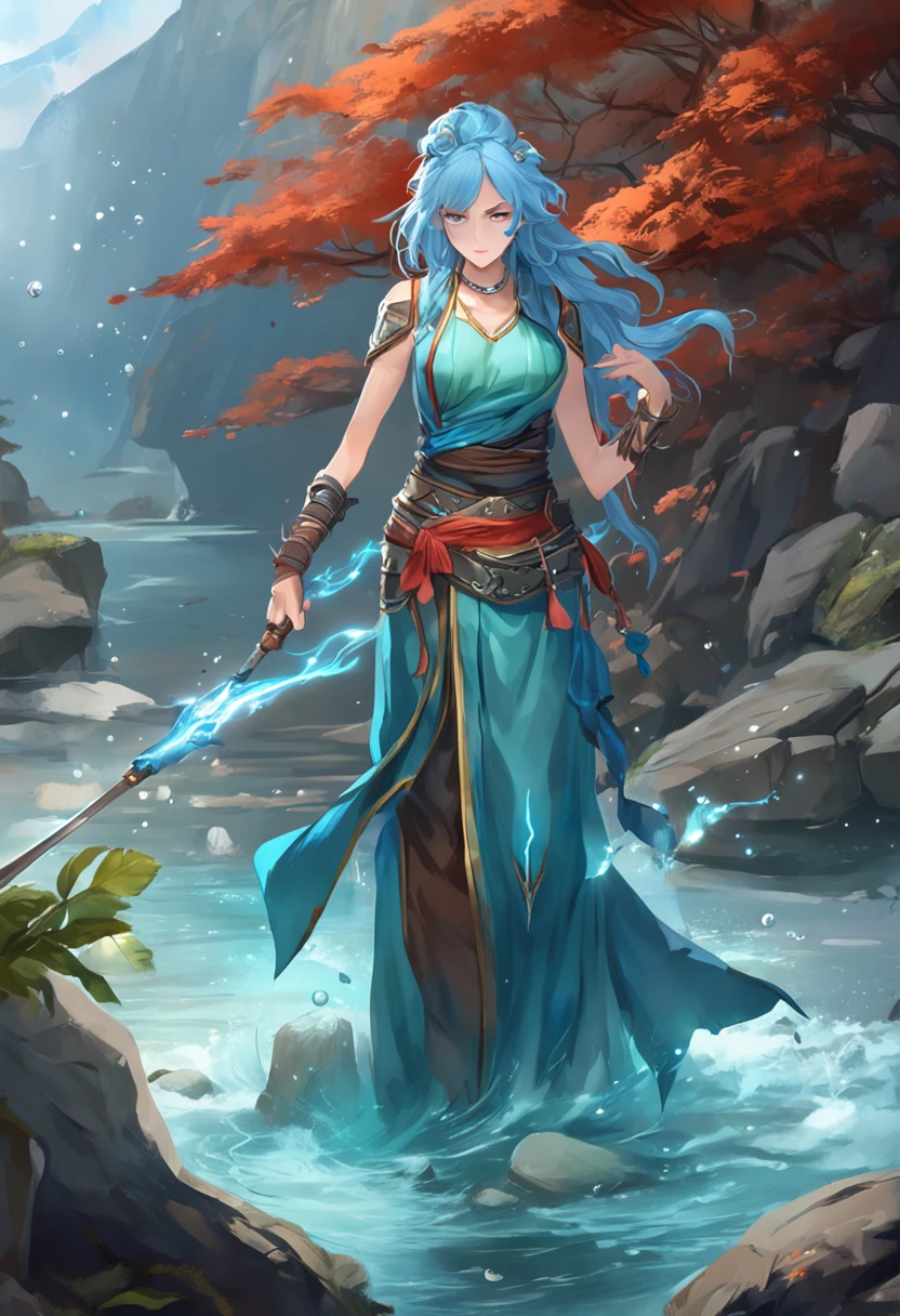 (1girl, solo:1.5), ((battle staff, monk staff), full body shot:1.5),(((masterpiece))), (((best quality))), ((ultra-detailed)), (cinematic lighting), (illustration), (beautiful detailed eyes), depth of field,((blue skin color:1.2), water elemental:1.8), (((masterpiece, high quality, highres,detailed background, detailed eyes, good eyes, frown, serious, fog, ((dynamic pose)), magic aura, good anatomy, dreamy))), (adult face, looking away, athletic body:1.2), (blue hair, waivy hair, water hair:1.5), water partickles, (long hair:1.3), ((fantasy monk outfit, bare arms, red military coat, silver accents, fantasy outfit, pants, boots),adventurer clothes, (pointy ears:1.2),adventurer clothes,glowing eyes,(cyan eyes), glow water particles, ruins background,, enveloped in a captivating blend of greens and blues. Delve into the depths of a cinematic ambiance, with dramatic lighting and an epic composition. Experience a hyperrealistic portrayal, rendered in the mesmerizing Unreal Engine."