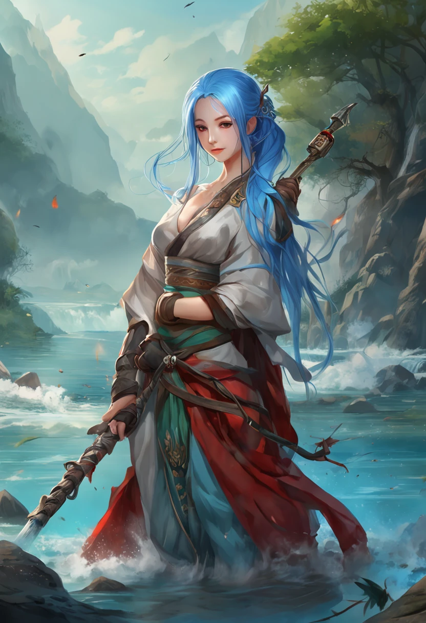 (1girl, solo:1.5), ((battle staff, monk staff), full body shot:1.5),(((masterpiece))), (((best quality))), ((ultra-detailed)), (cinematic lighting), (illustration), (beautiful detailed eyes), depth of field,((blue skin color:1.2), water elemental:1.8), (((masterpiece, high quality, highres,detailed background, detailed eyes, good eyes, frown, serious, fog, ((dynamic pose)), magic aura, good anatomy, dreamy))), (adult face, looking away, athletic body:1.2), (blue hair, waivy hair, water hair:1.5), water partickles, (long hair:1.3), ((fantasy monk outfit, bare arms, red military coat, silver accents, fantasy outfit, pants, boots),adventurer clothes, (pointy ears:1.2),adventurer clothes,glowing eyes,(cyan eyes), glow water particles, ruins background,, enveloped in a captivating blend of greens and blues. Delve into the depths of a cinematic ambiance, with dramatic lighting and an epic composition. Experience a hyperrealistic portrayal, rendered in the mesmerizing Unreal Engine."