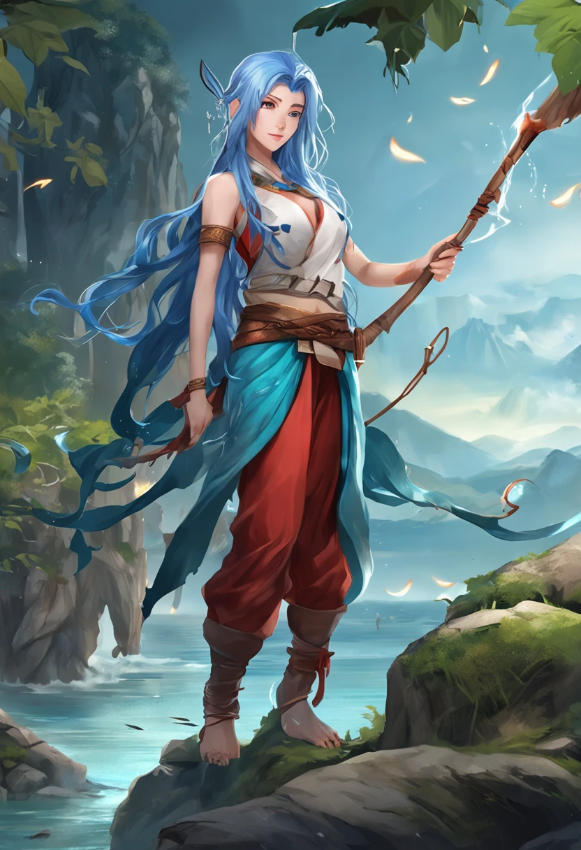 (1girl, solo:1.5), ((battle staff, monk staff), full body shot:1.5),(((masterpiece))), (((best quality))), ((ultra-detailed)), (cinematic lighting), (illustration), (beautiful detailed eyes), depth of field,((blue skin color:1.2), water elemental:1.8), (((masterpiece, high quality, highres,detailed background, detailed eyes, good eyes, frown, serious, fog, ((dynamic pose)), magic aura, good anatomy, dreamy))), (adult face, looking away, athletic body:1.2), (blue hair, waivy hair, water hair:1.5), water partickles, (long hair:1.3), ((fantasy monk outfit, bare arms, red military coat, silver accents, fantasy outfit, pants, boots),adventurer clothes, (pointy ears:1.2),adventurer clothes,glowing eyes,(cyan eyes), glow water particles, ruins background,, enveloped in a captivating blend of greens and blues. Delve into the depths of a cinematic ambiance, with dramatic lighting and an epic composition. Experience a hyperrealistic portrayal, rendered in the mesmerizing Unreal Engine."