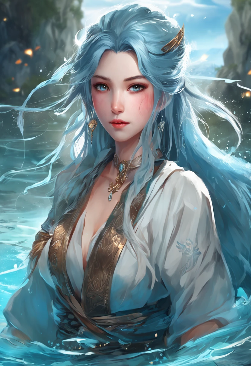 Godess of Water、Manipulate water at your disposal、Beautiful goddess with long light blue hair trying to unleash like a whip、Combat stance、masterpiece、realisitic