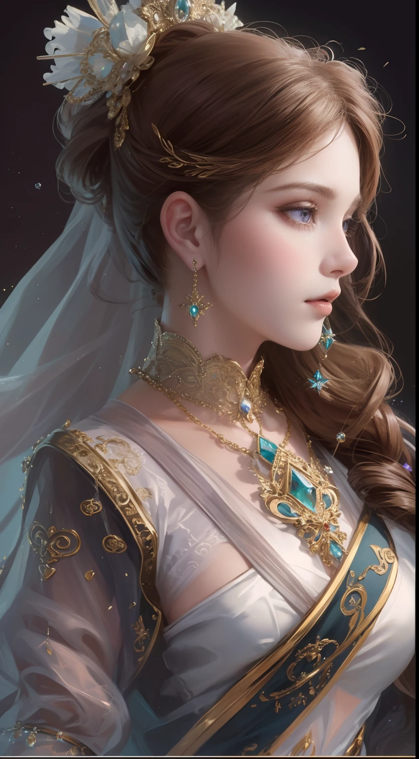 tmasterpiece，Highest high resolution，Dynamic bust of beautiful aristocratic maiden，Brown chestnut hair is elegantly coiled，Purple clear eyes，The hair is covered with beautiful and delicate floral craftsmanship, Crystal jewelry filigree，Ultra-detailed details，upscaled。