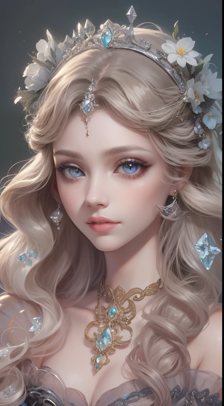 Woman beauty, manhwa style, a lot of details, good detailing, beautiful makeup, jewelry, crystal and precious stone jewelry, anime eyelashes, full lips, serene expression, cover manga, different colors in clothes, stylish looks, Victorian England, full view, various light sources, hairstyle, color hair, premium, textured, aesthetic, ArtStation, trending on ArtStation, colorful